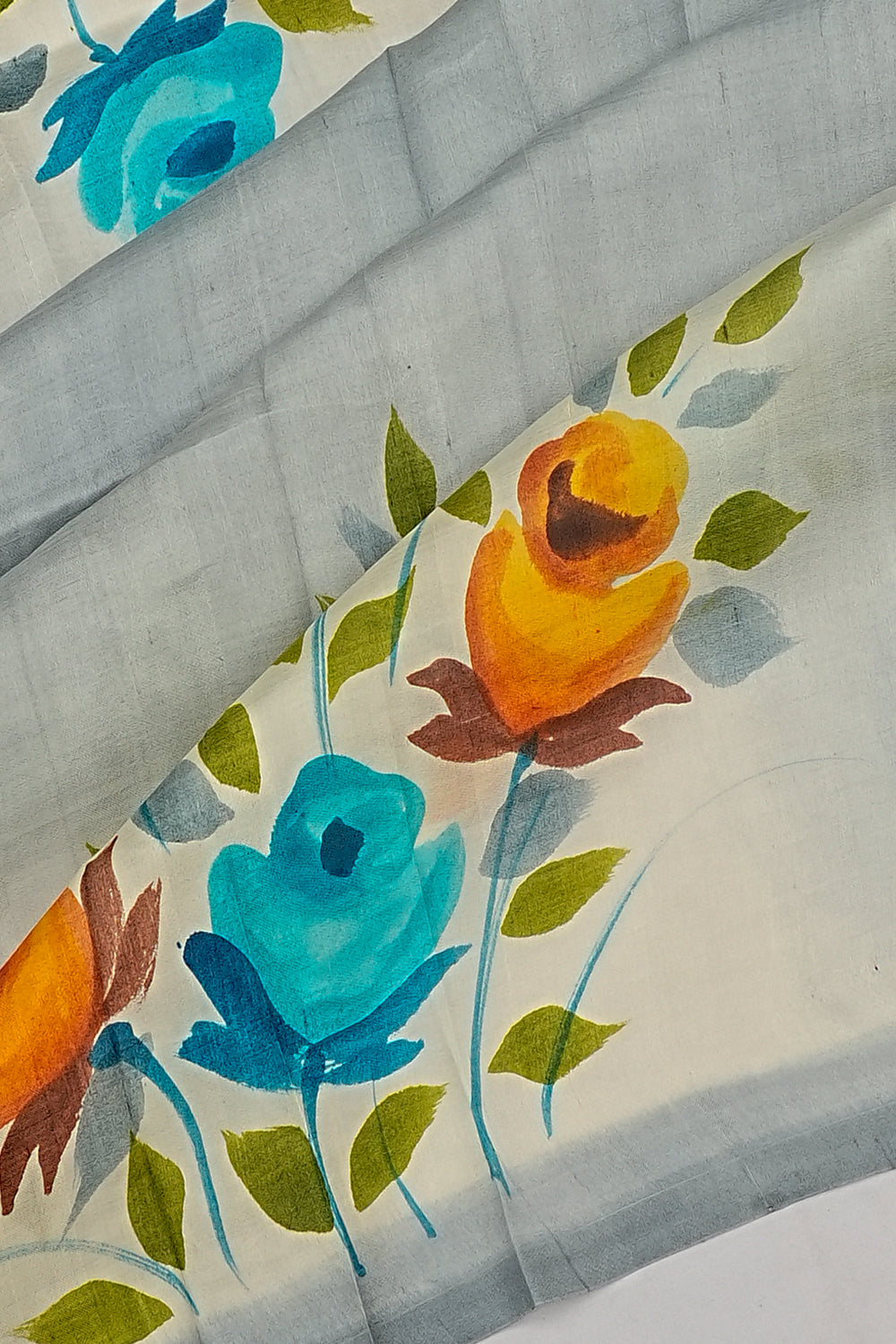 Tussar Floral Printed Grey And White Saree