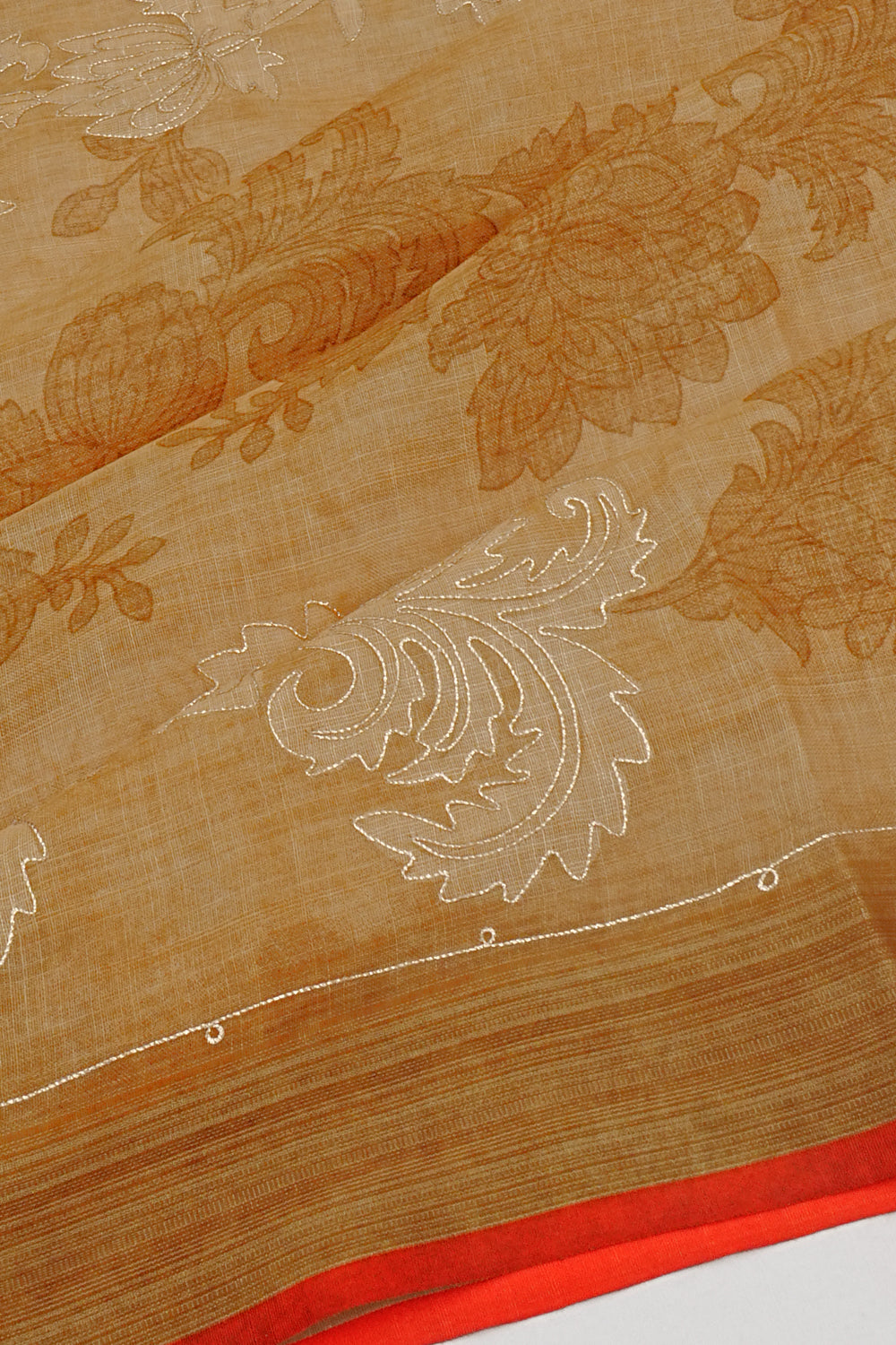 Linen Tissue Floral Printed Brown Saree With Aari Outlined
