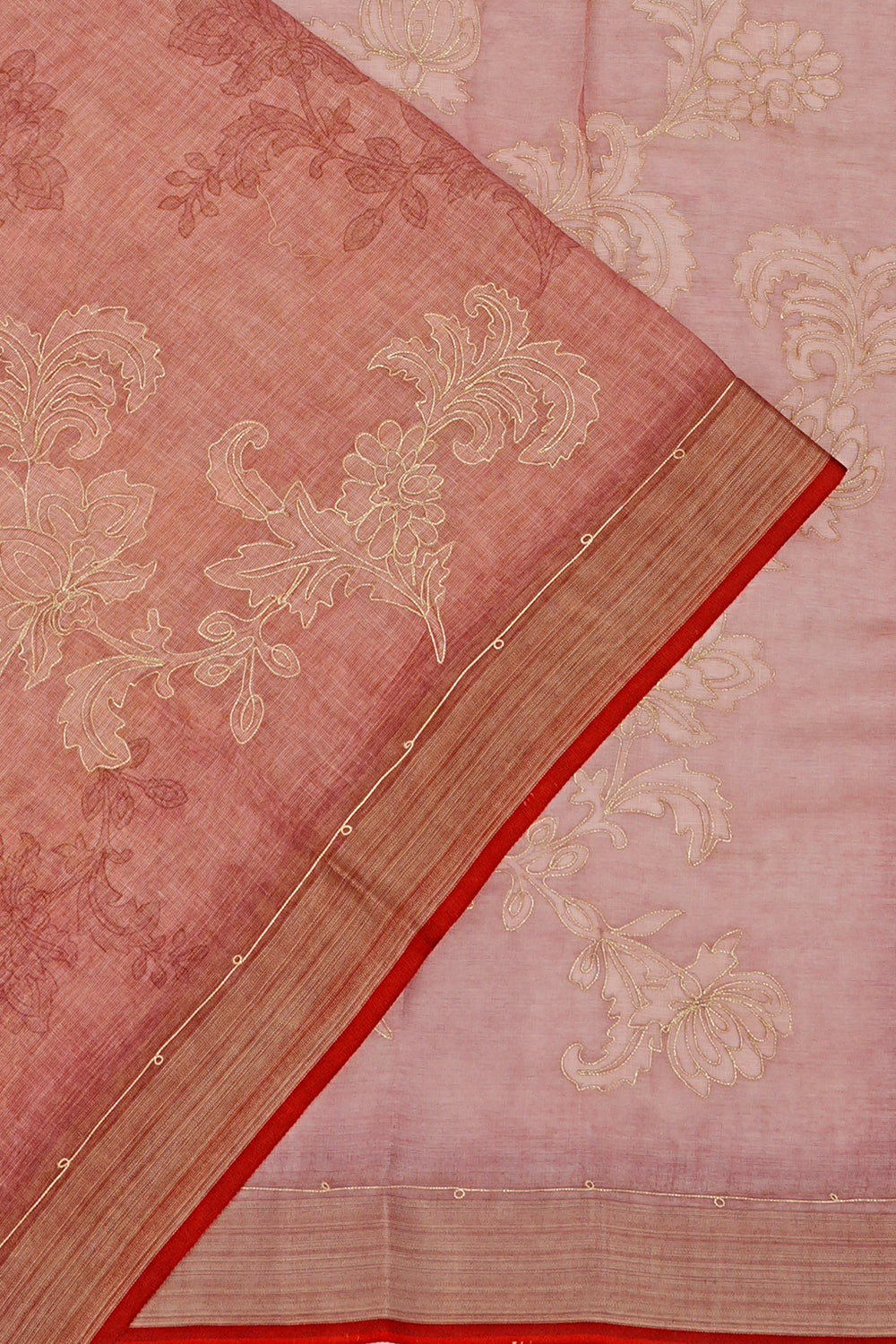 Linen Tissue Floral Printed Pink Saree With Aari Outlined