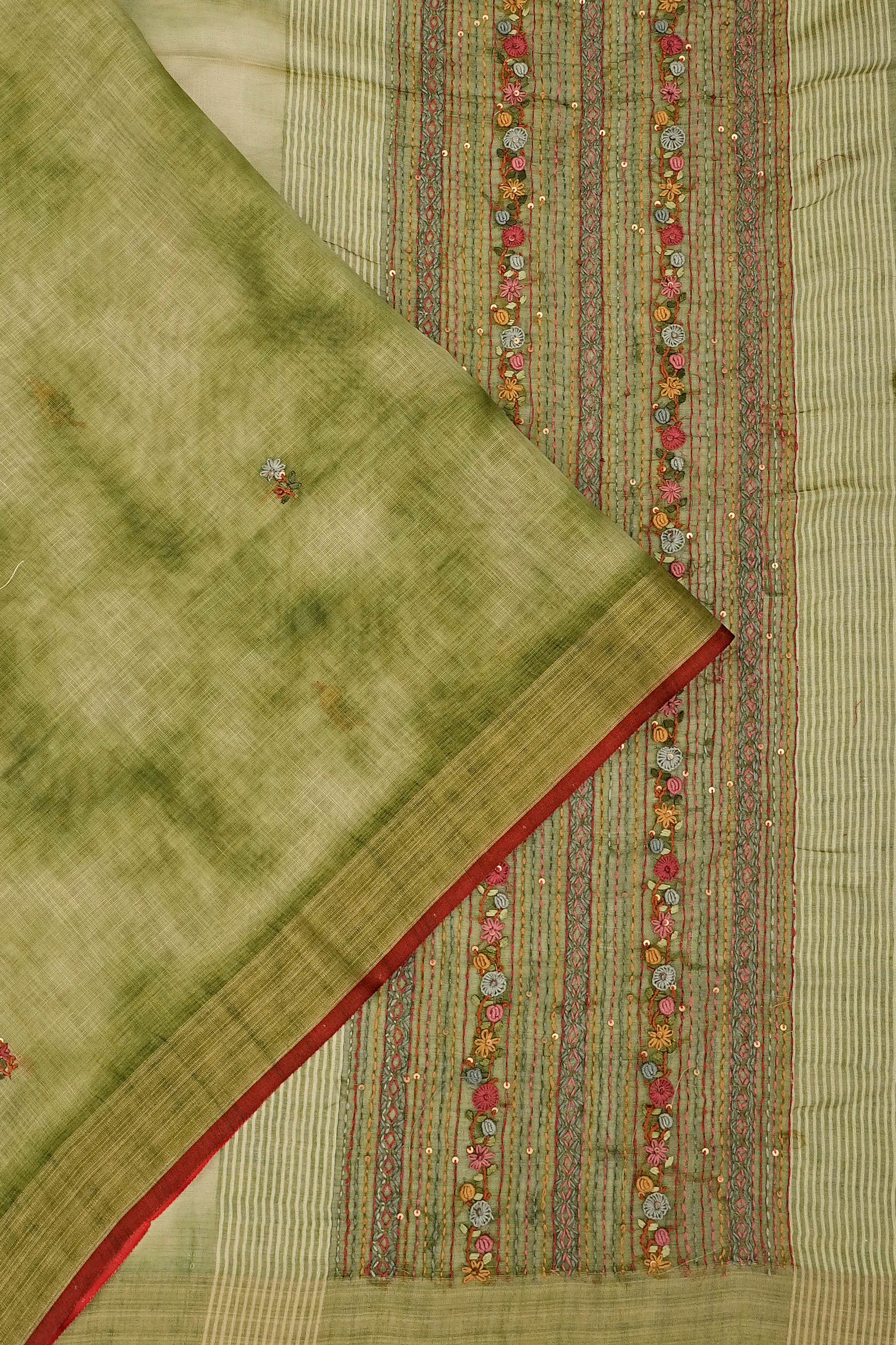 Linen Tissue Embroidery Butta Green Saree 1215011340