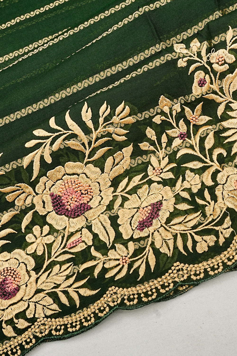 Organza Horizontal Lines Dark Green Saree