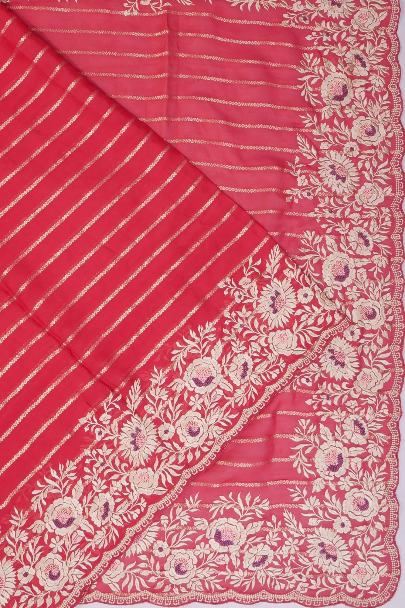 Organza Horizontal Lines Red Saree With Embroidery Scallop Border