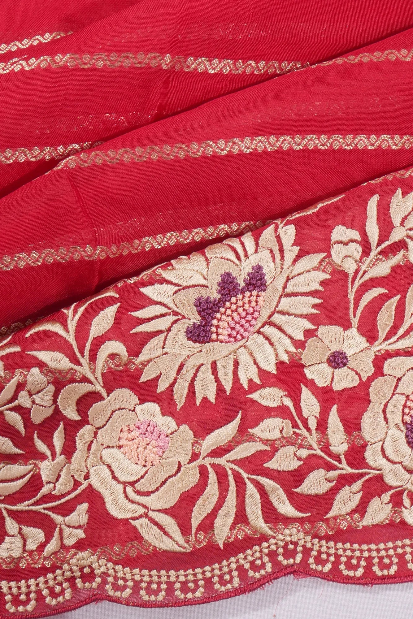 Organza Horizontal Lines Red Saree With Embroidery Scallop Border