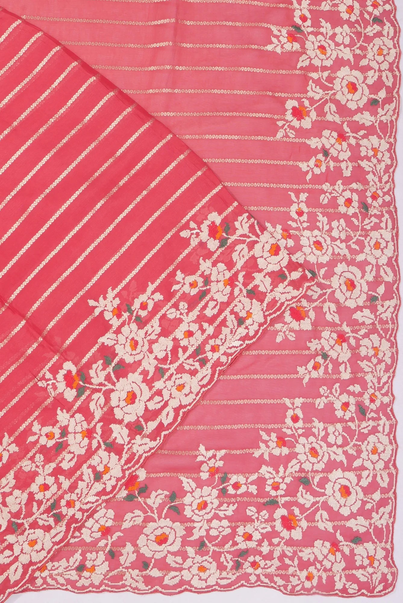 Organza Horizontal Lines Red Saree With Embroidery Scallop Border