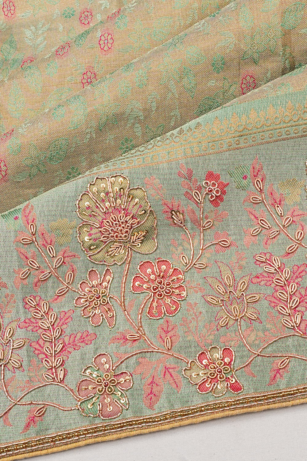 Kanchipuram Silk Tissue Brocade Sea Green Saree With Embroidery