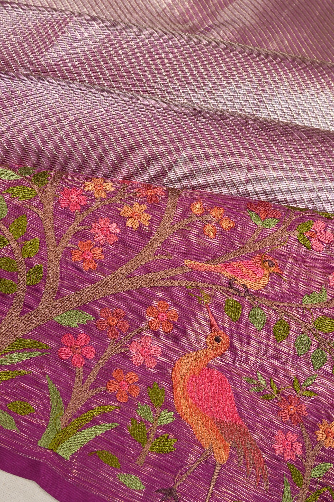 Kanchipuram Silk Tissue Brocade Lavender Saree With Embroidery Border