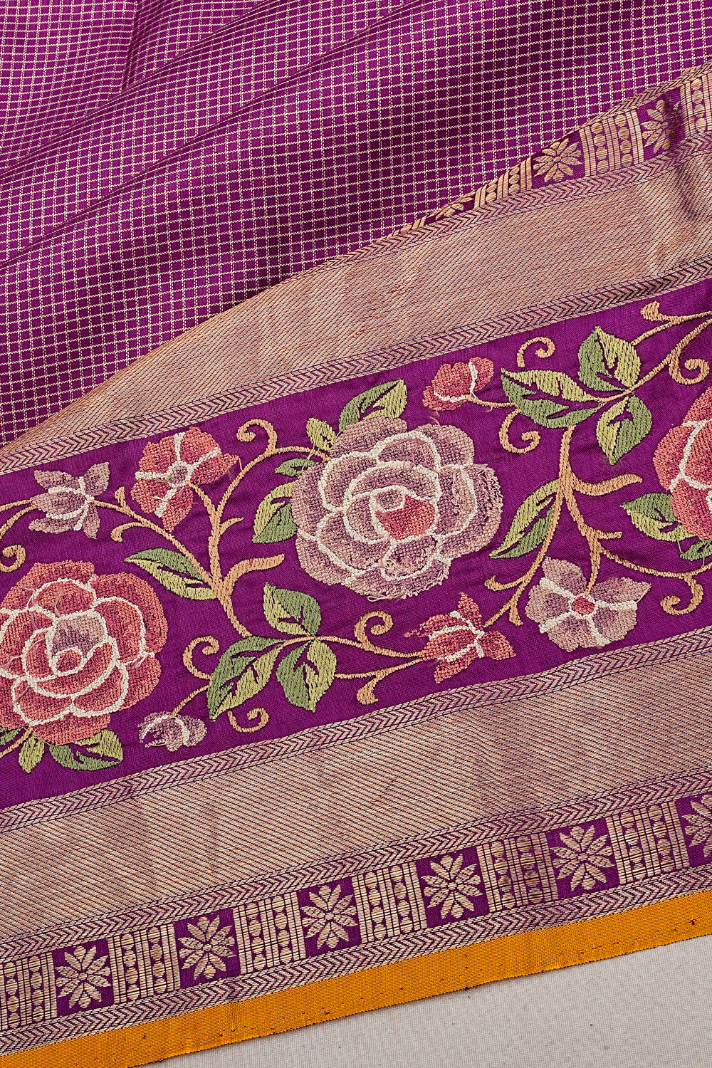 Kanchipuram Silk Checks Purple Saree With Embroidery 1215011974