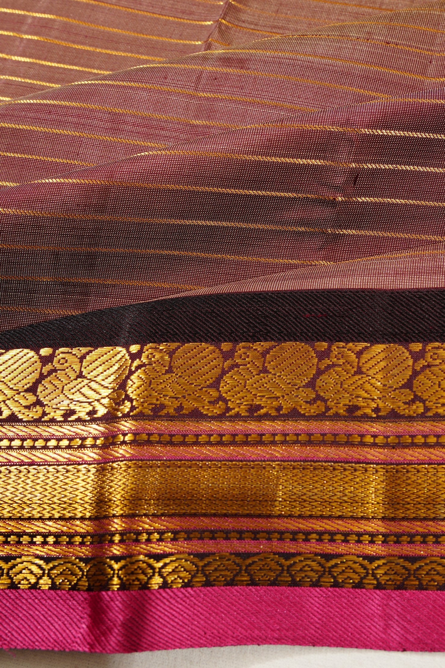 Kanchipuram Silk Horizontal Lines Choco Brown Saree