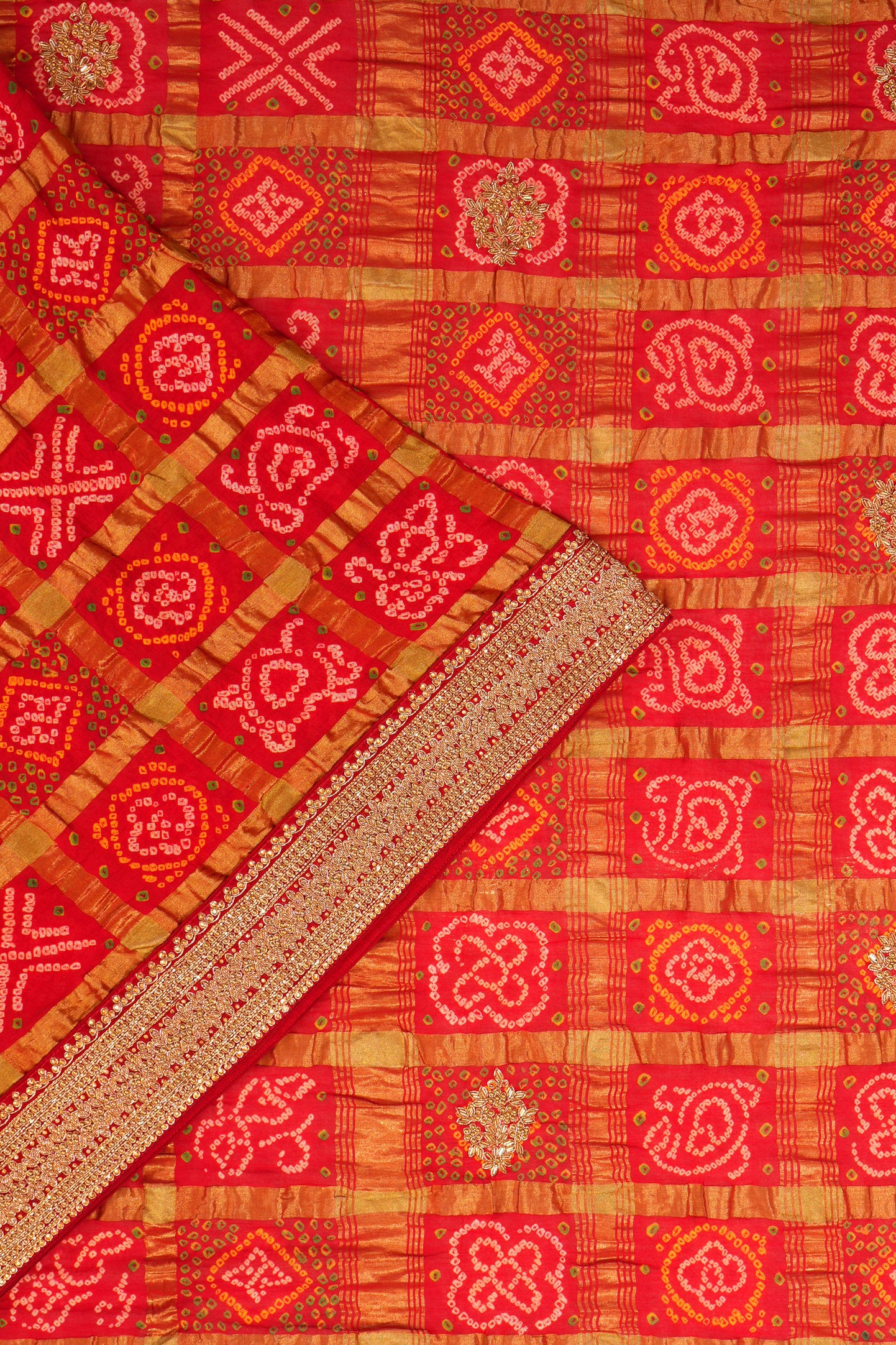 Banarasi Silk Bandhani Checks Red Saree With Attached Border