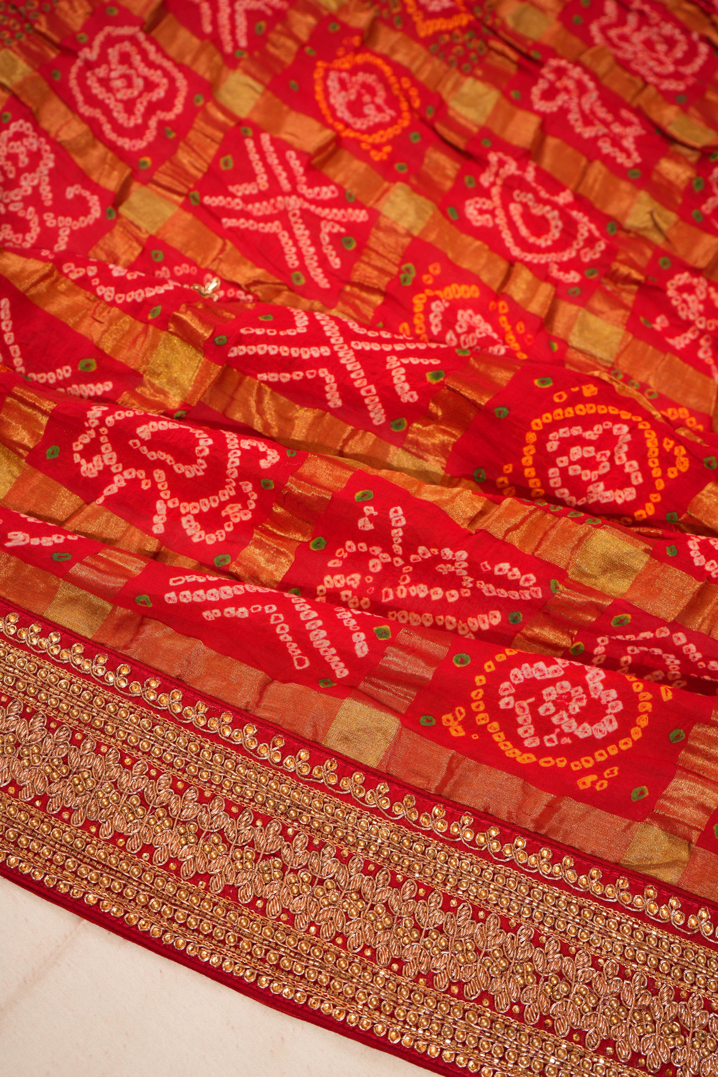 Banarasi Silk Bandhani Checks Red Saree With Attached Border