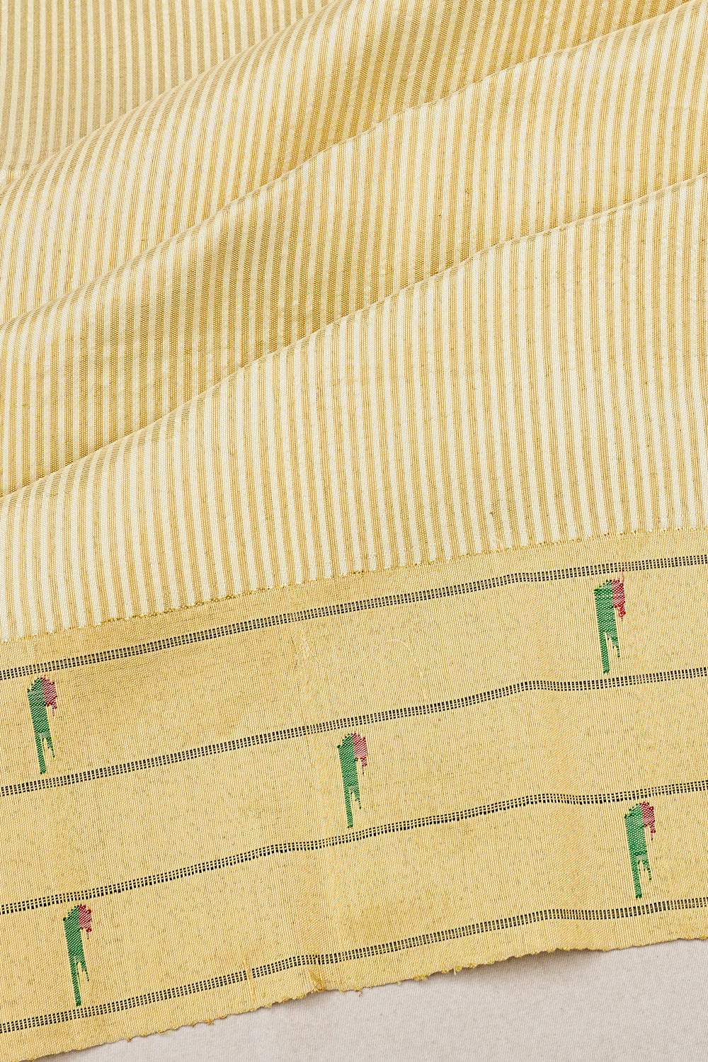 Paithani Silk Vertical Lines Gold Saree With Triple Muniya Border