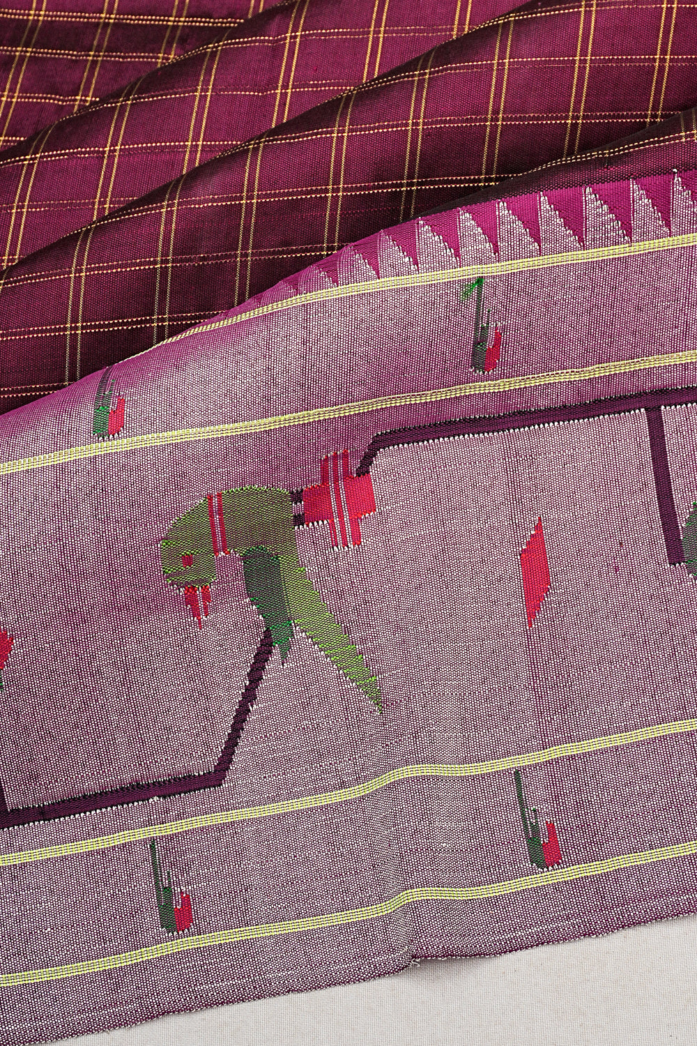Paithani Silk Checks Purple Saree With Akruthi Border