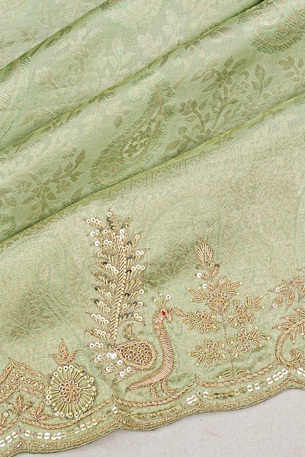 Kanchipuram Silk Tissue Brocade Pale Mint Green Saree With Zardosi Work Scallop Border