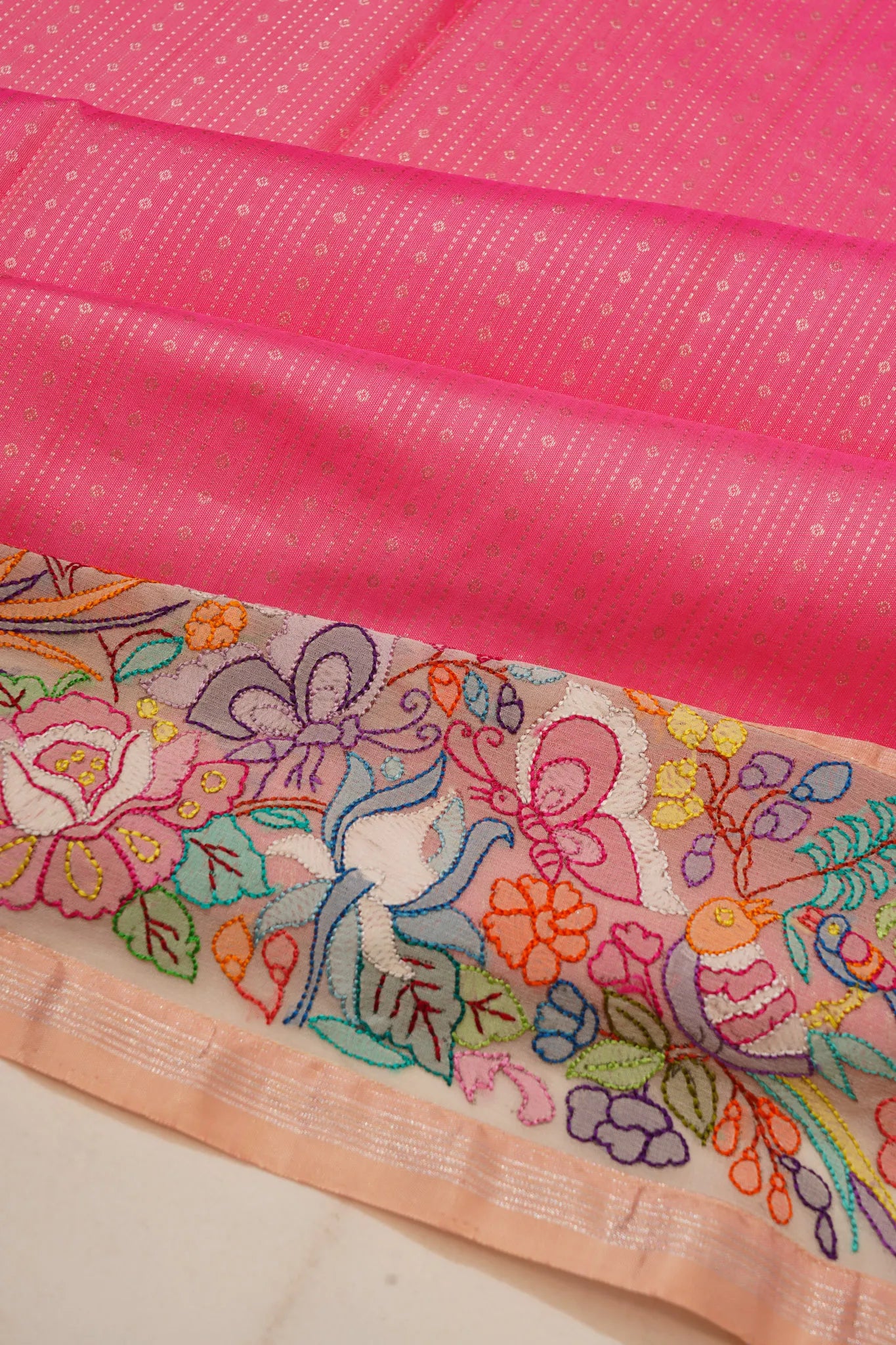 Banarasi Silk X Organza Embroidery Border Vertical Lines Baby Pink Saree