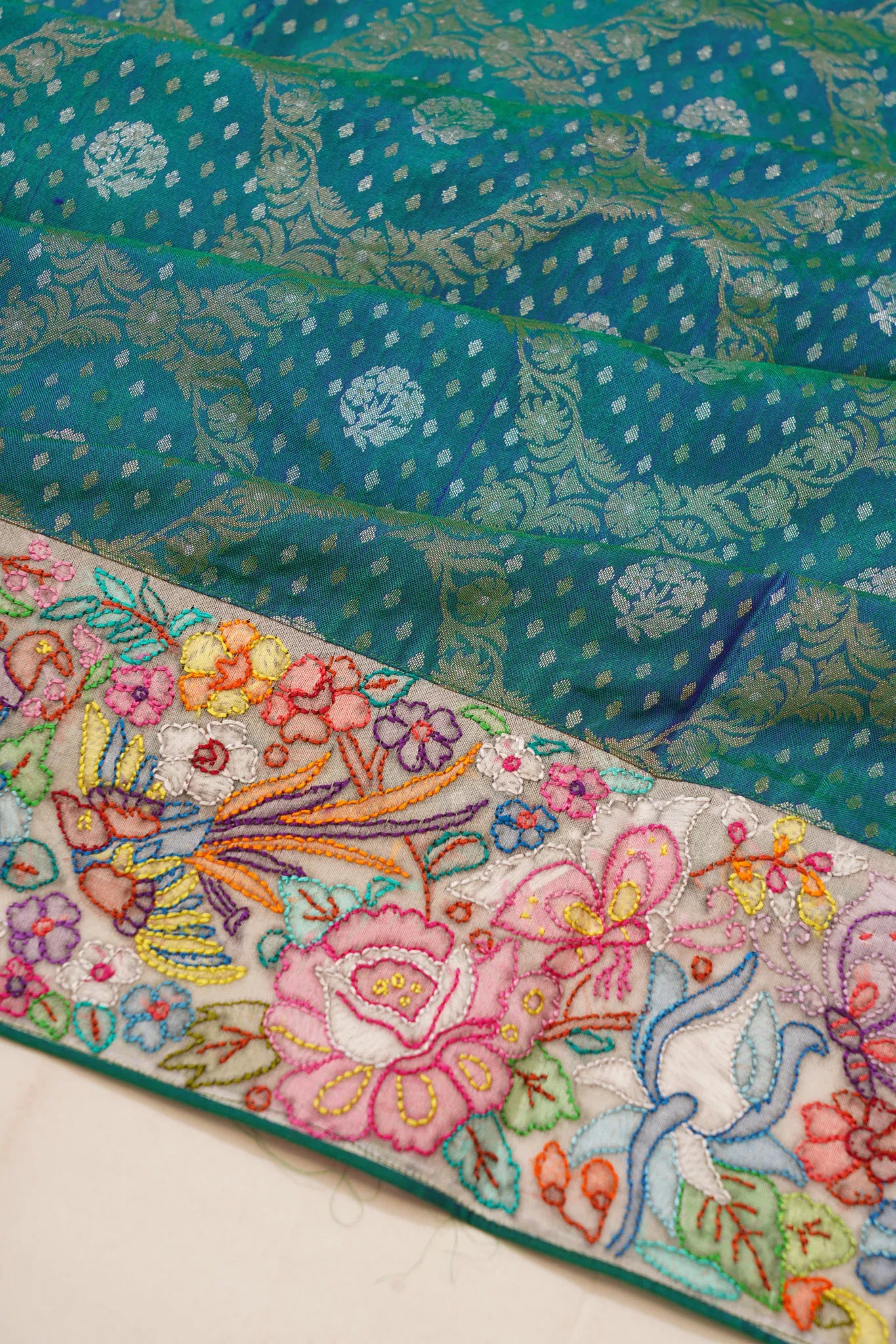 Banarasi Silk X Organza Embroidery Border Brocade Teal Blue Saree