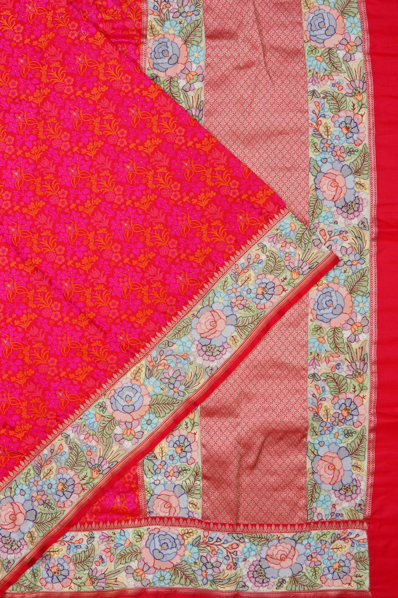 Banarasi Silk X Organza Embroidery Border Tanchoi Work Brocade Red Saree