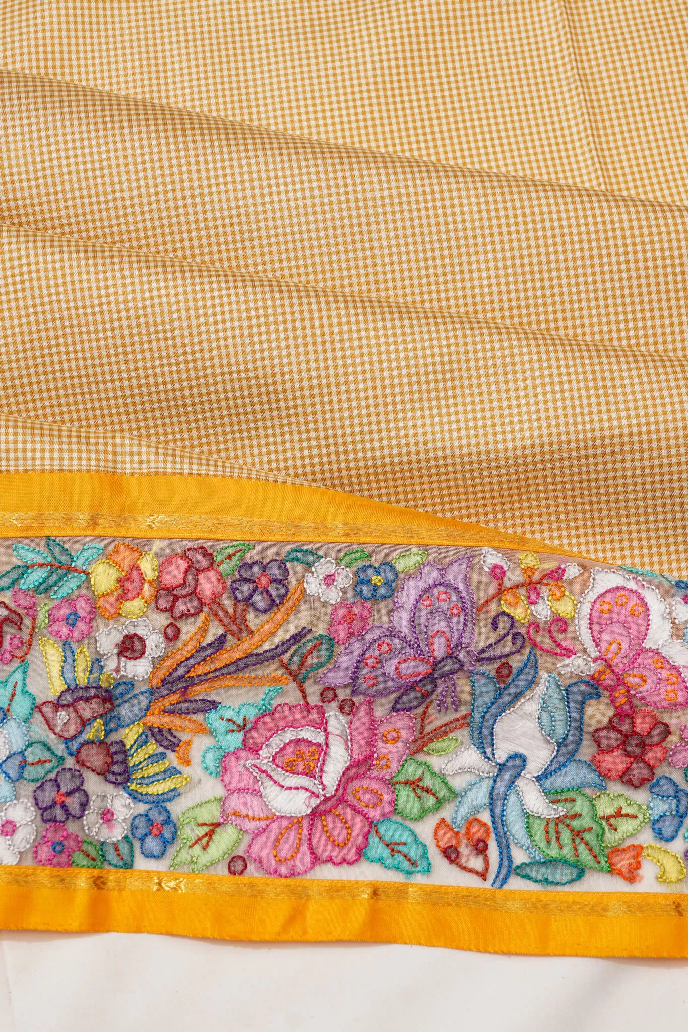 Banarasi Silk X Organza Embroidery Border Checks White And Yellow Saree