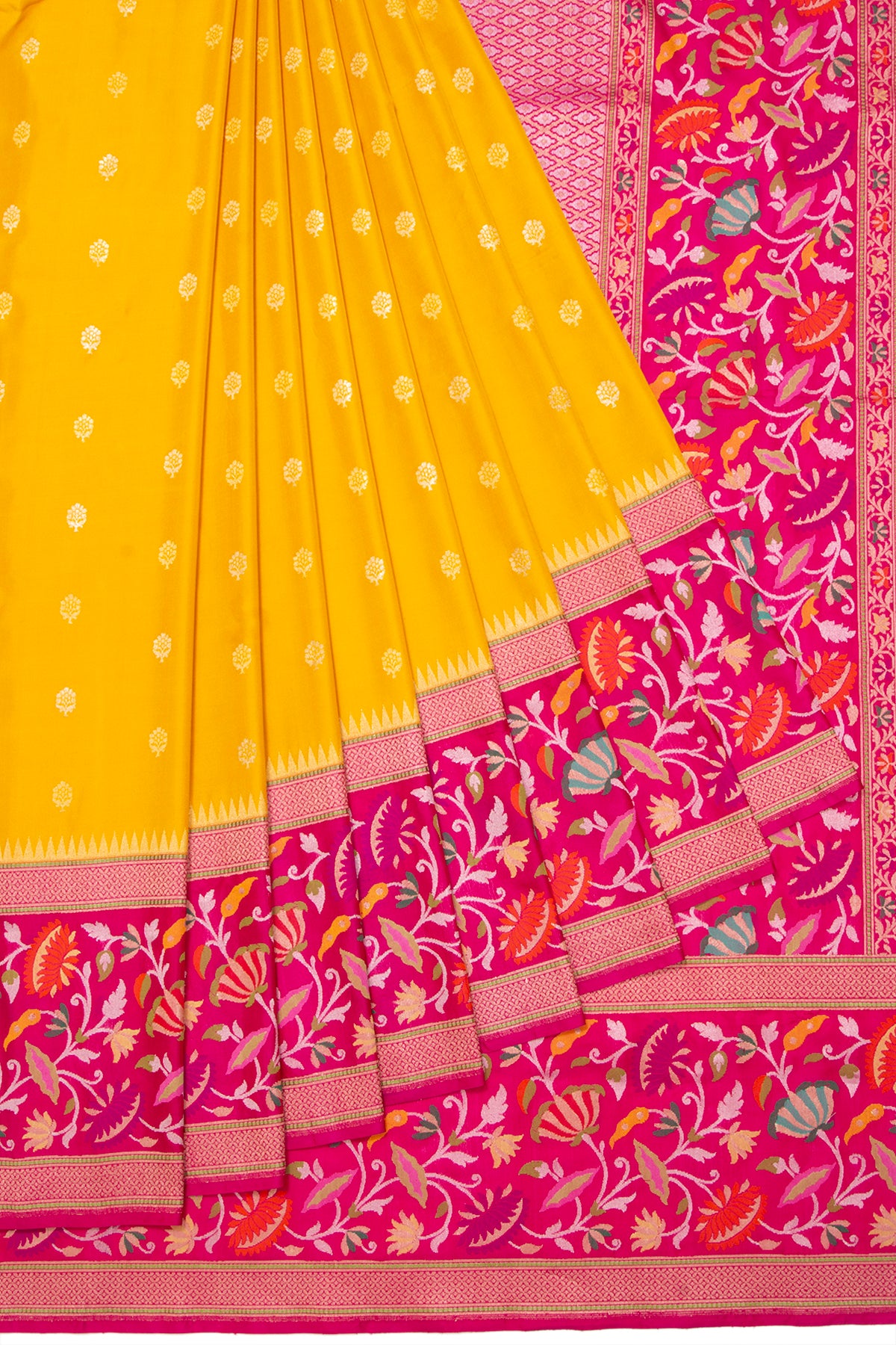 Banarasi Silk Butta Yellow Saree With Jamdani Border