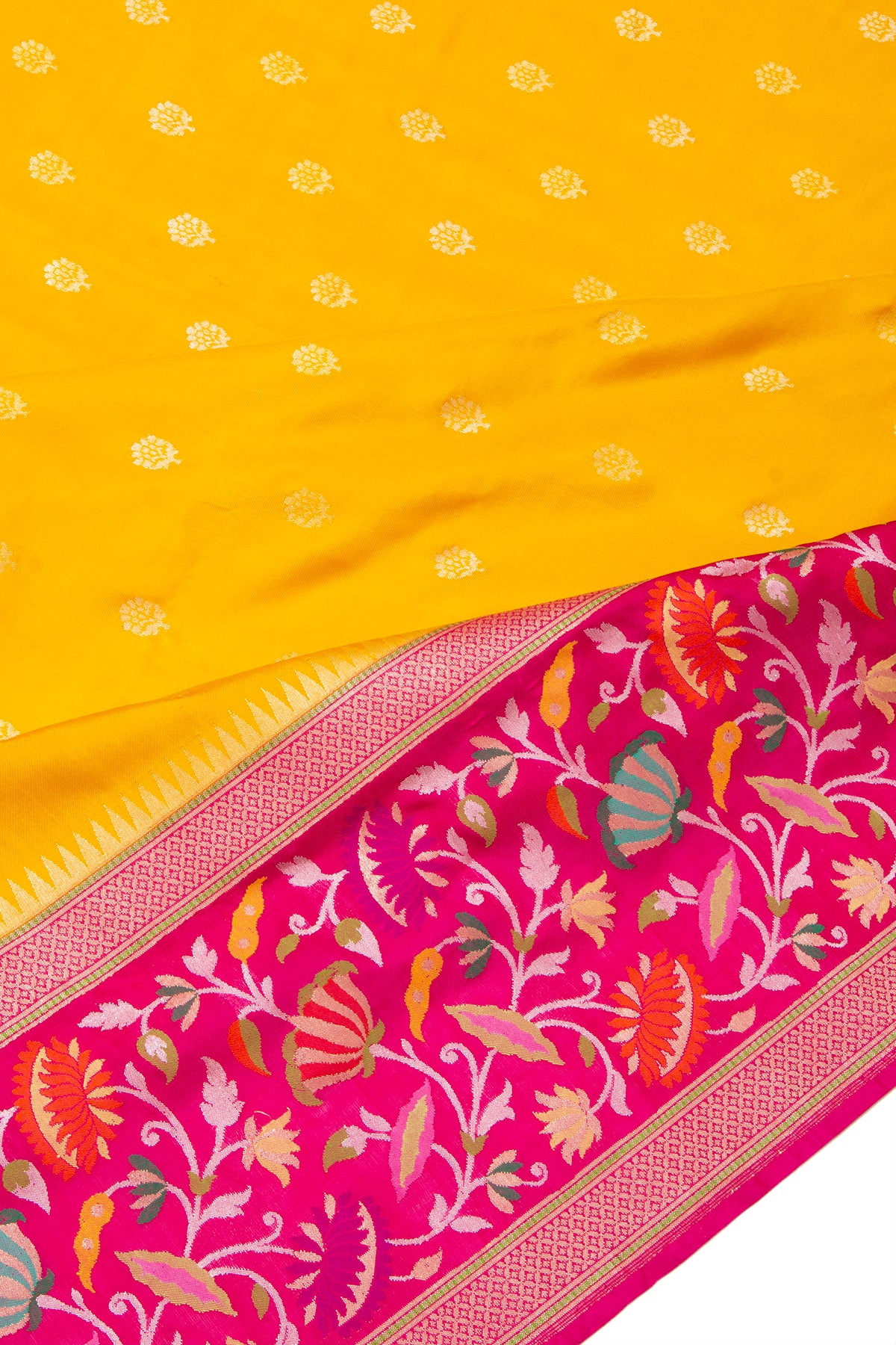 Banarasi Silk Butta Yellow Saree With Jamdani Border