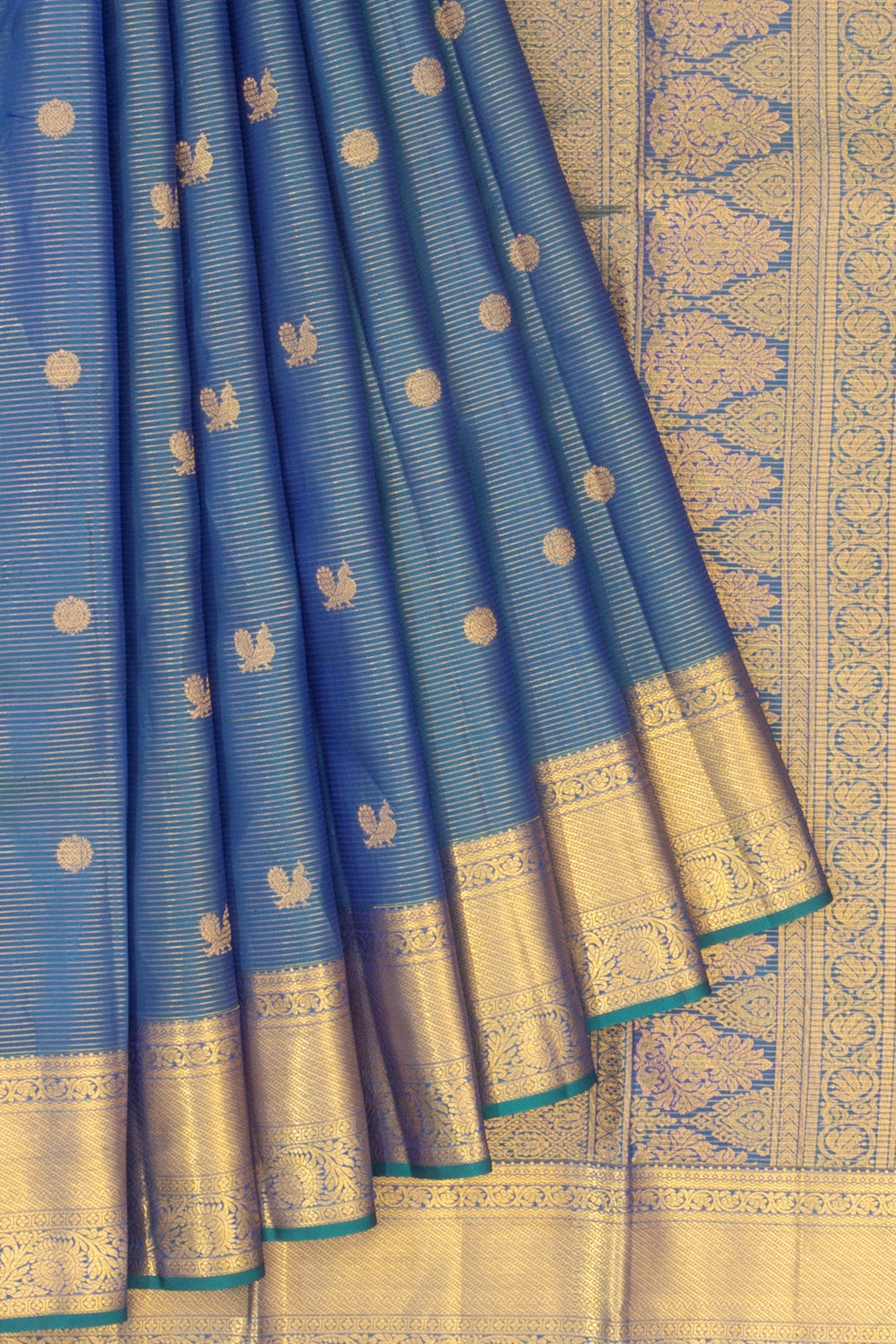 Kanchipuram Silk Oosi Lines And Butta Dual Tone Green And Blue Saree