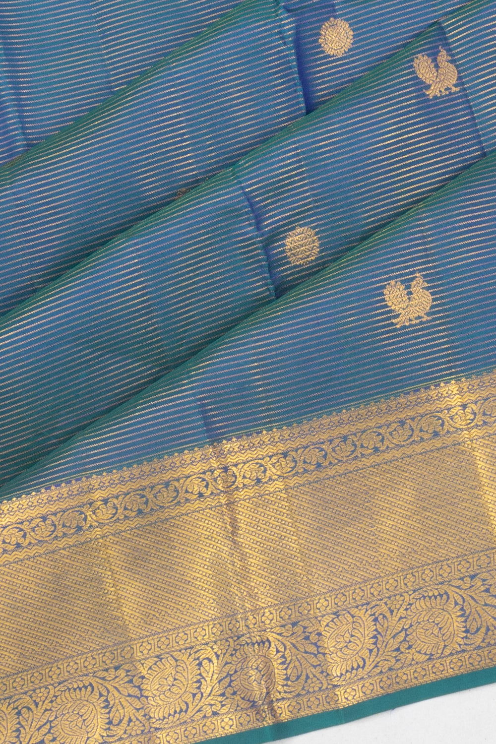 Kanchipuram Silk Oosi Lines And Butta Dual Tone Green And Blue Saree