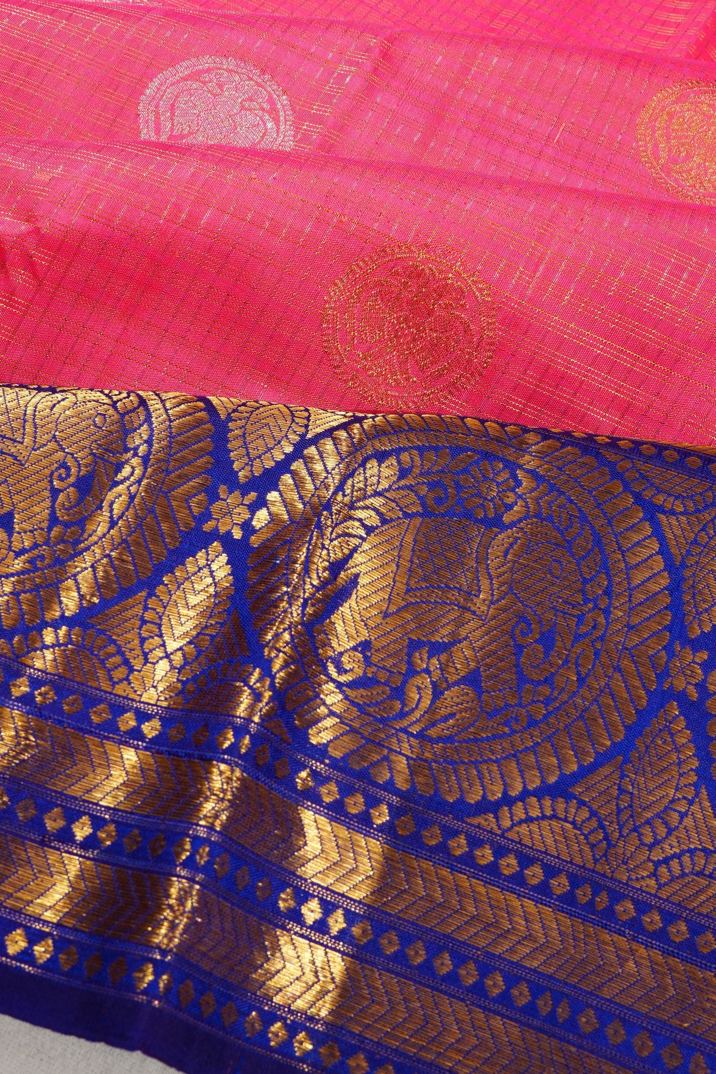 Kanchipuram Silk Checks And Butta Pink Saree