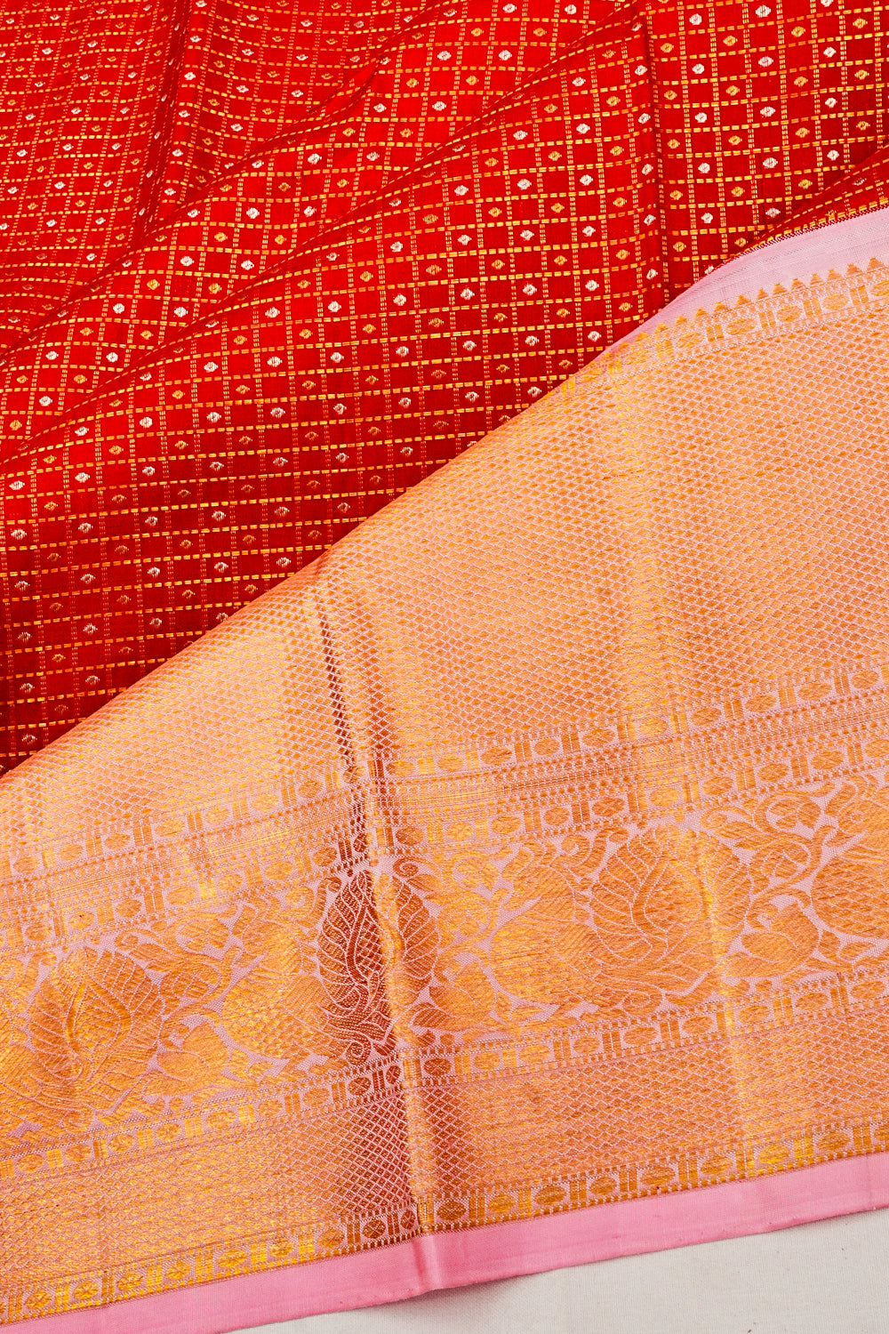 Kanchipuram Silk Checks And Butta Red Saree