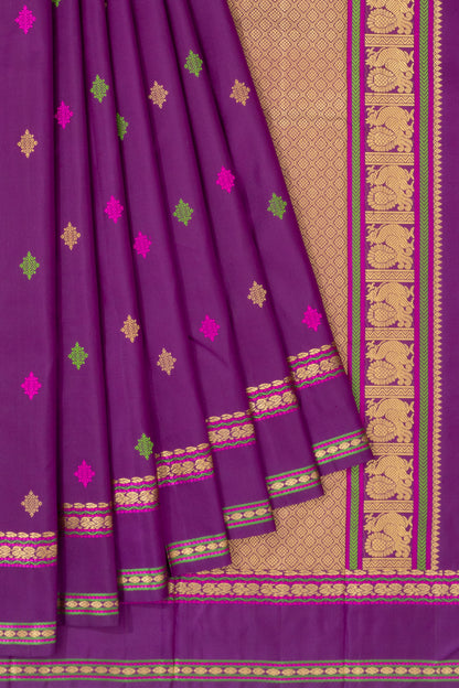 Classic Kanchipuram Silk Resham Butta Violet Saree With Rettai Pettu Border