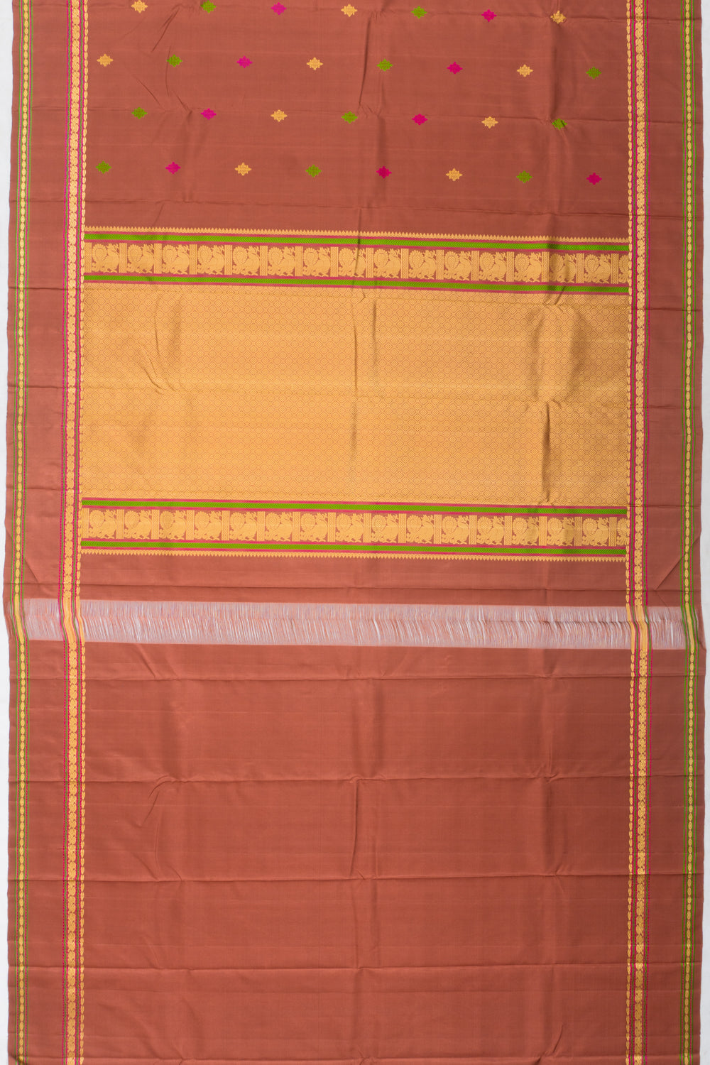 Classic Kanchipuram Silk Resham Butta Choco Brown Saree With Rettai Pettu Border