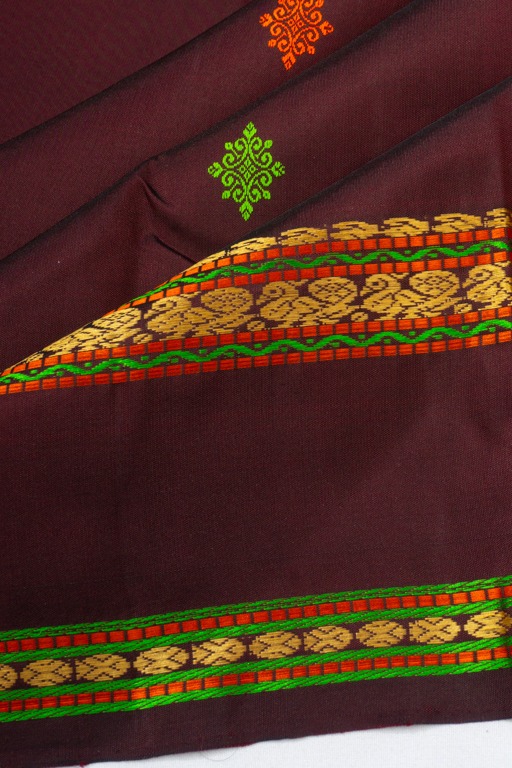 Classic Kanchipuram Silk Resham Butta Brown Saree With Rettai Pettu Border