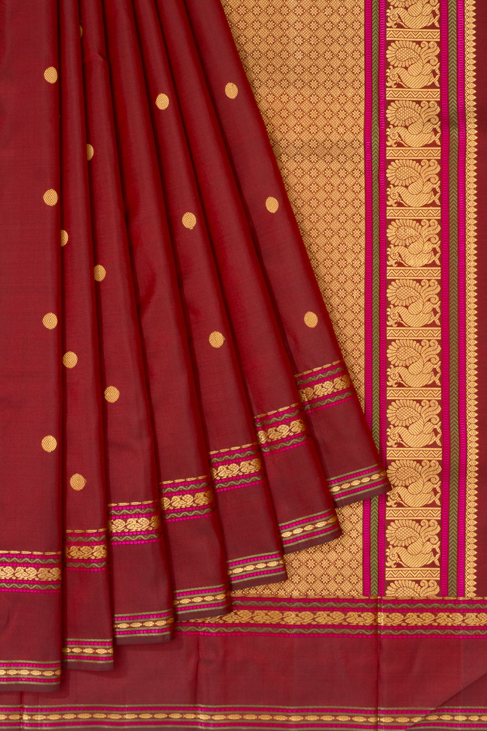 Classic Kanchipuram Silk Butta Maroon Saree With Rettai Pettu Border