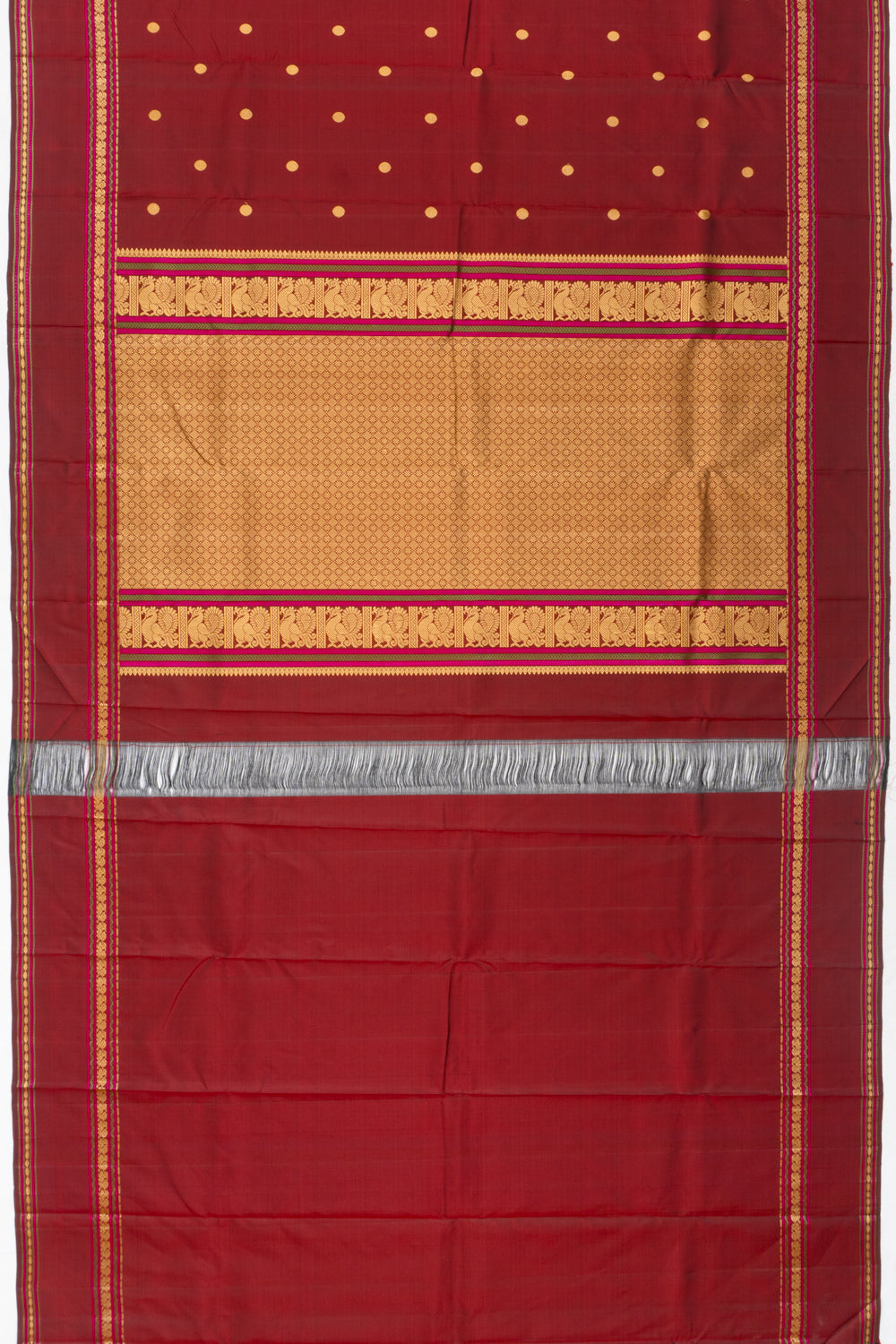 Classic Kanchipuram Silk Butta Maroon Saree With Rettai Pettu Border