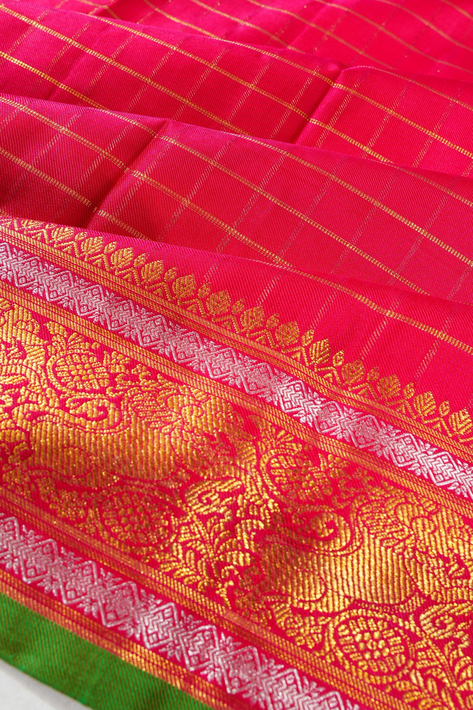 Kanchipuram Silk Twill Checks Pink Saree
