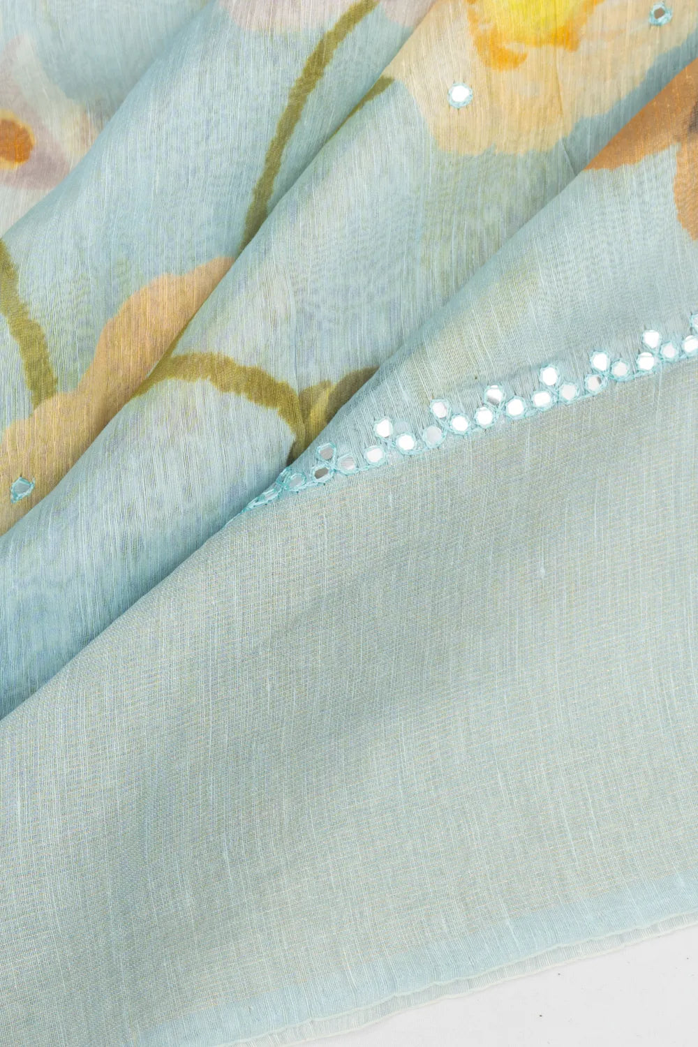 Linen Floral Printed Pastel Blue Saree With Mirror Work