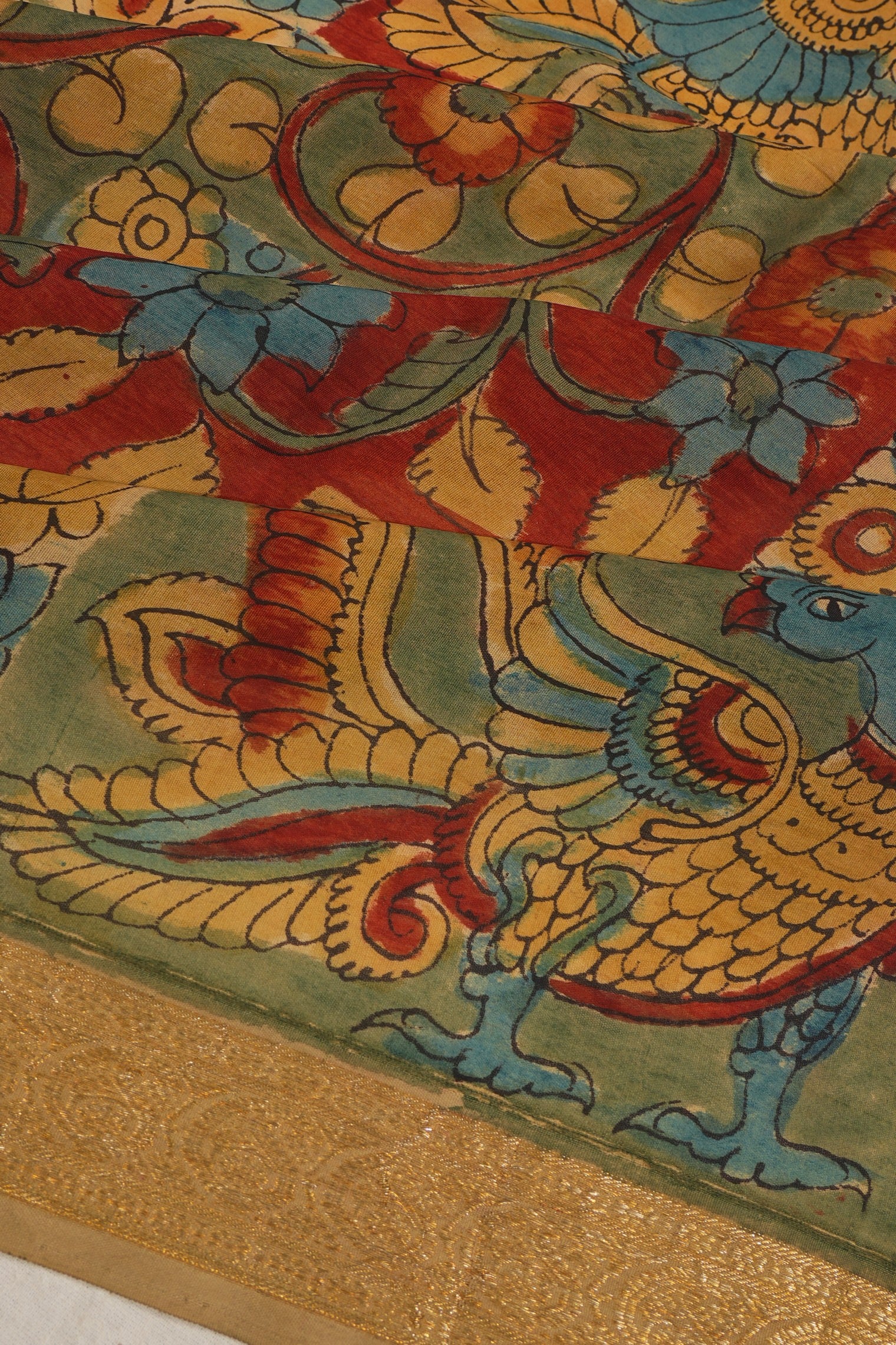 Kanchipuram Silk Kalamkari Handpainted Green Saree