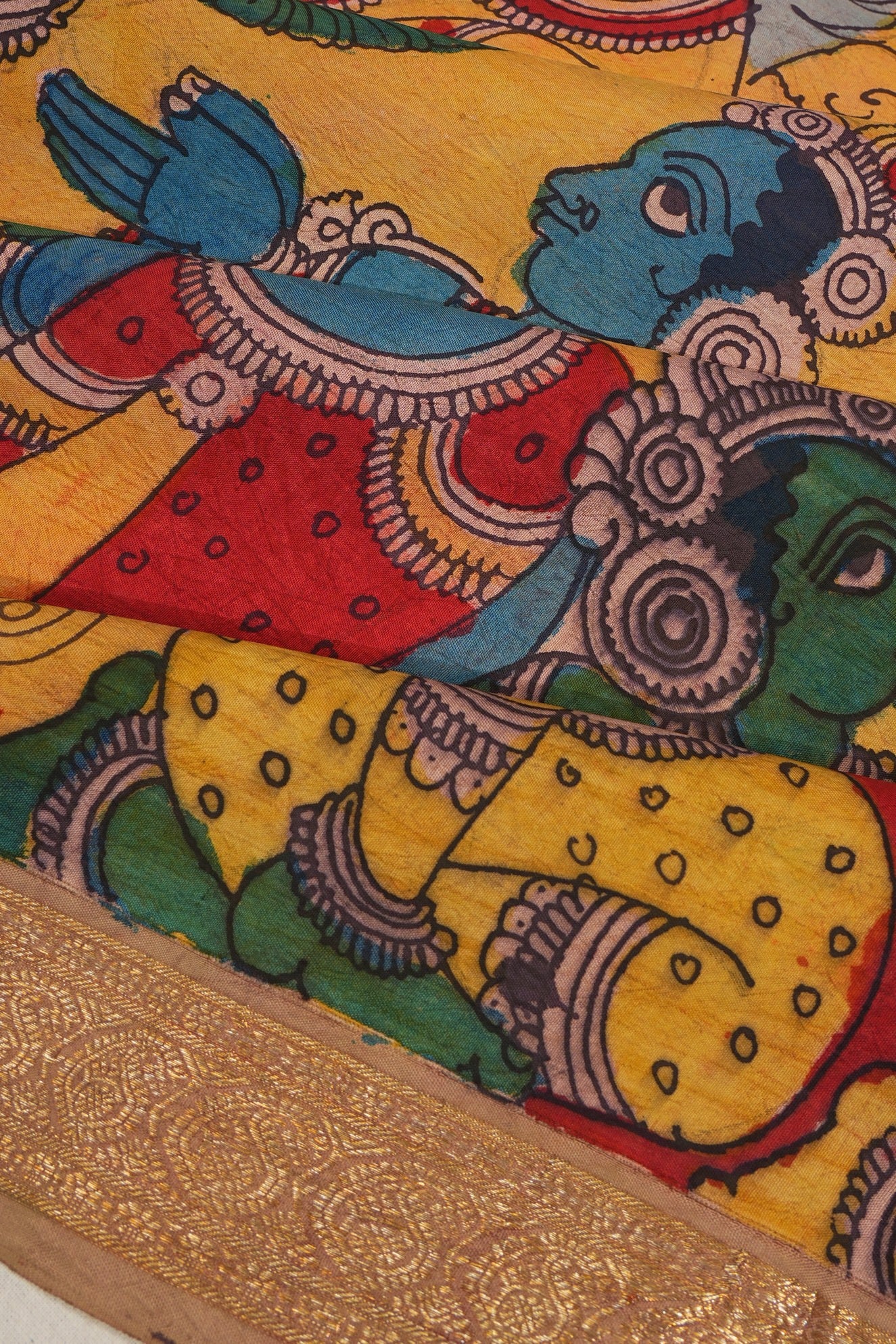 Kanchipuram Silk Kalamkari Handpainted Yellow Saree
