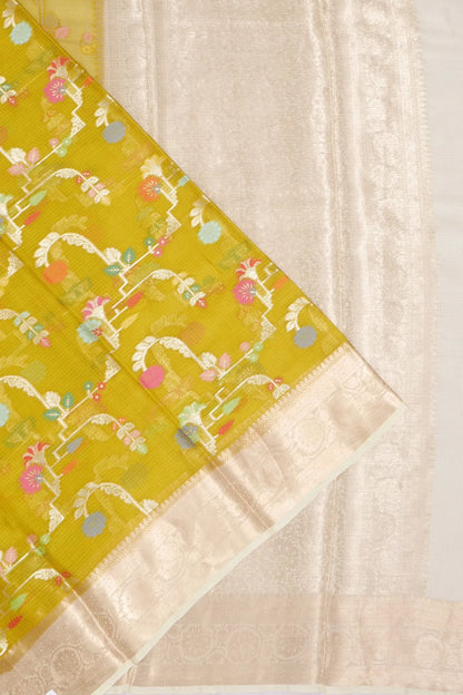 Kankatala Kota Soft Silk Jaal Mehendi Green Saree g2