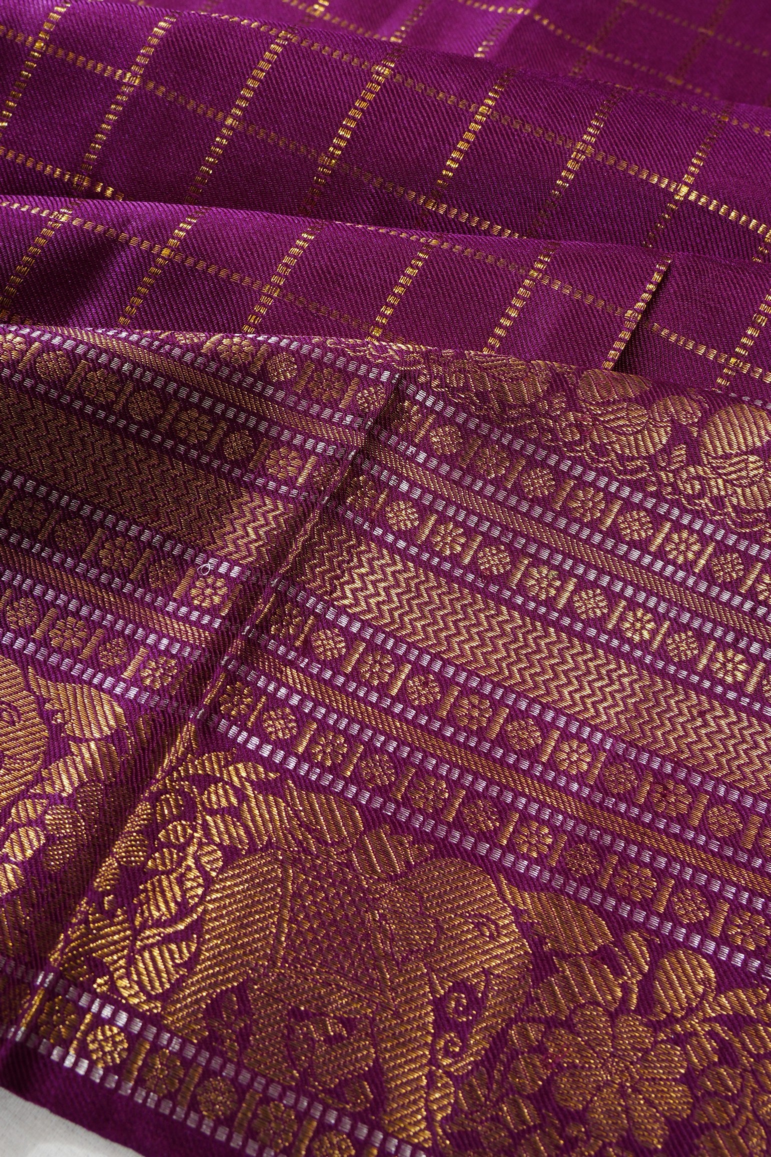 Kanchipuram Silk Twill Checks Purple Saree