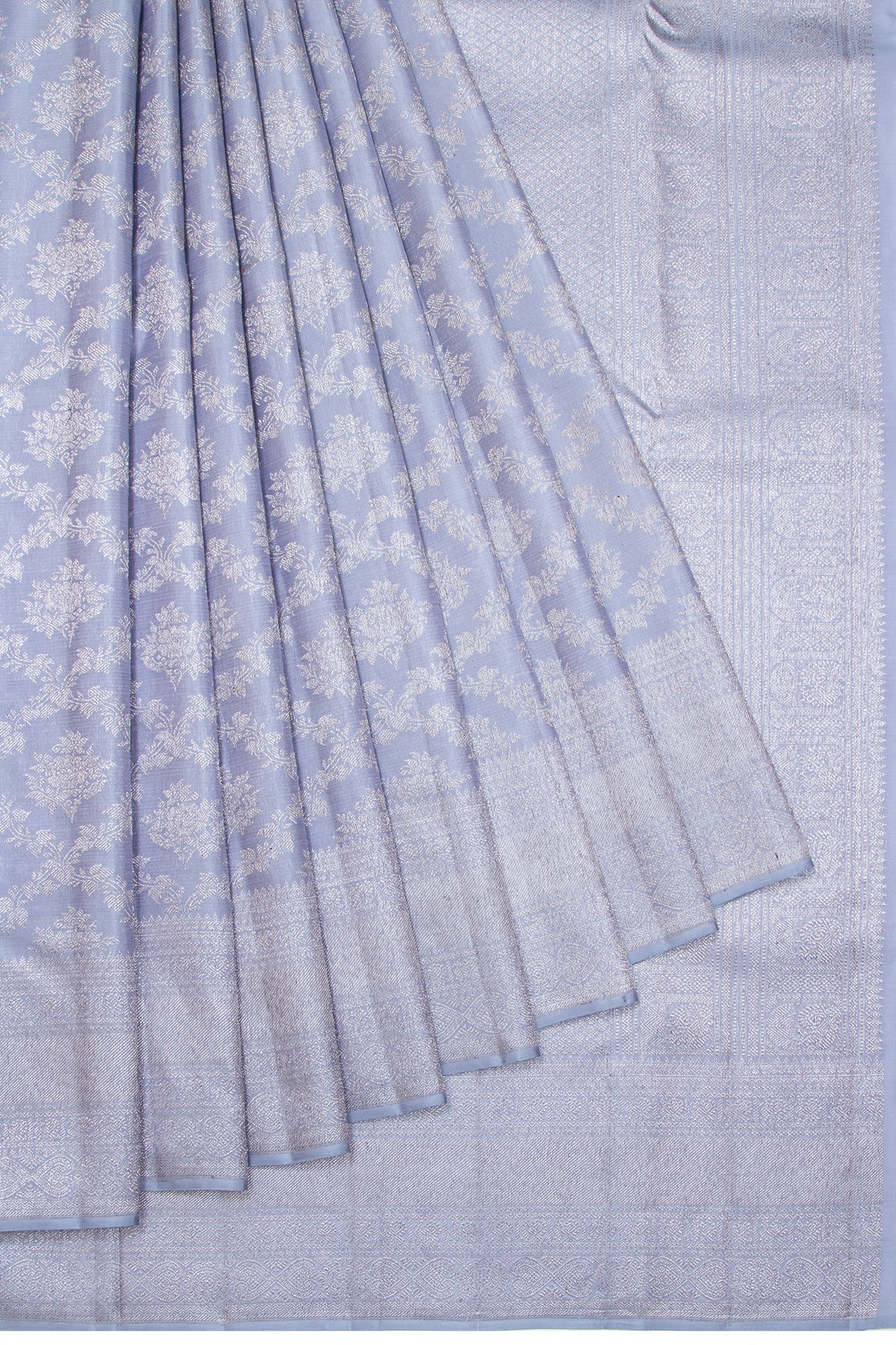 Kanchipuram Silk Jaal And Butta Grey Saree