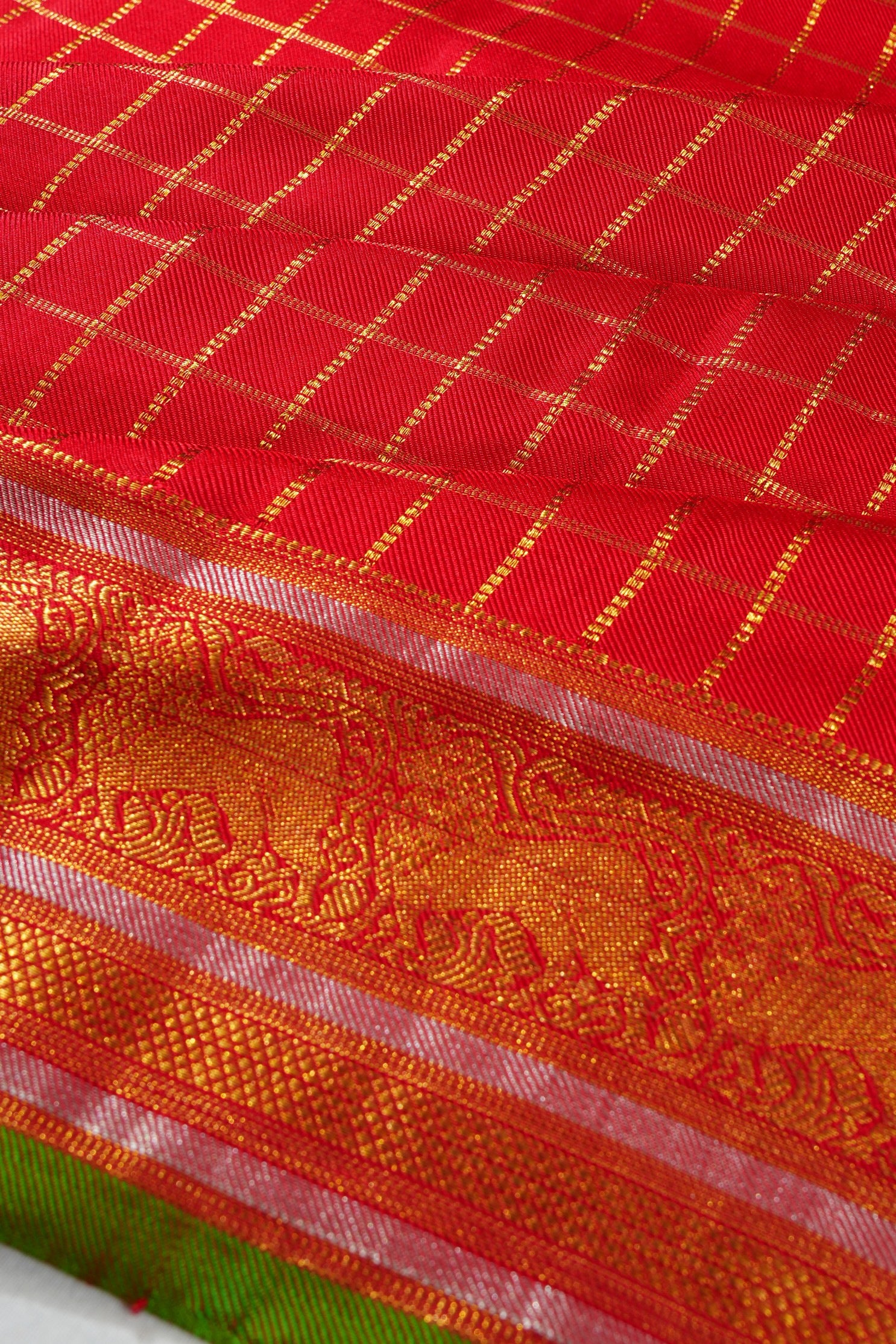 Kanchipuram Silk Twill Checks Red Saree