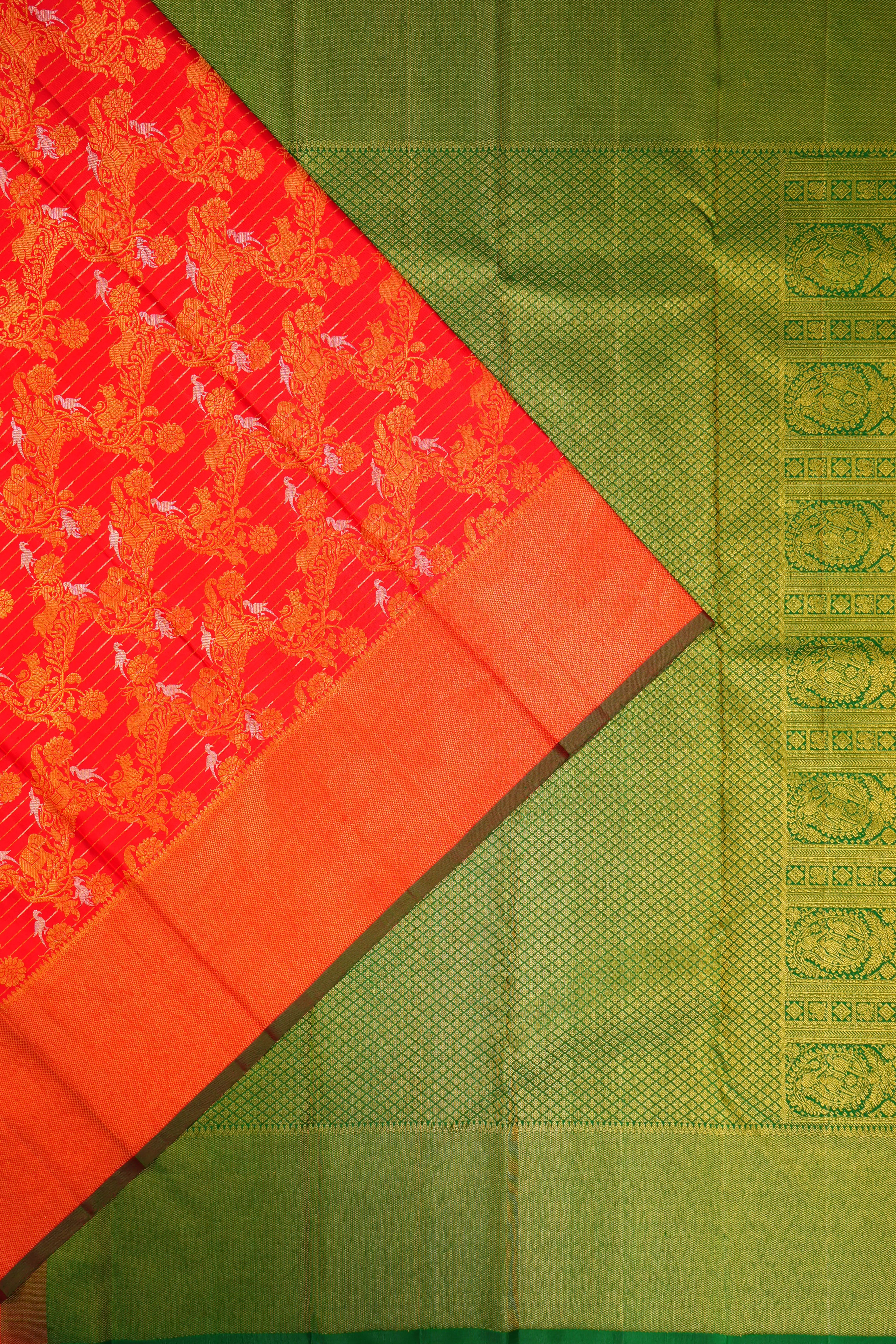 Kanchipuram Silk Horizontal Lines And Jaal Red Saree