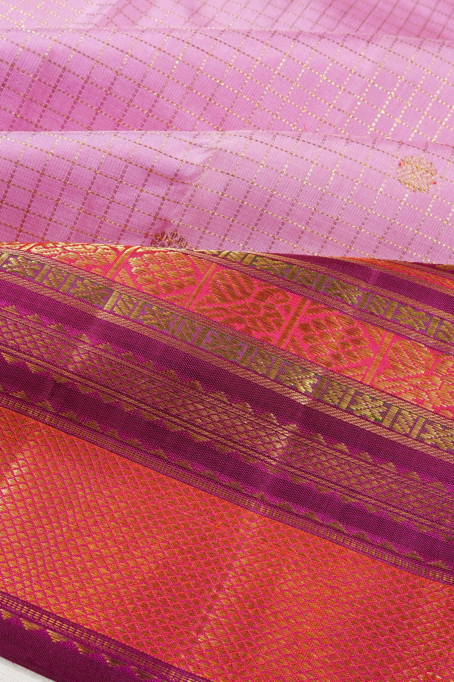Kanchipuram Silk Checks And Butta Pink Saree