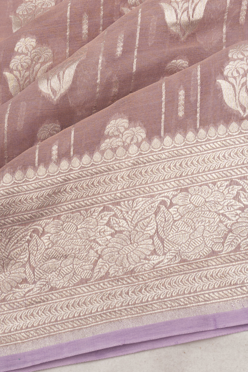 Banarasi Kora Organza Tissue Vertical Lines And Butta Lavender Saree