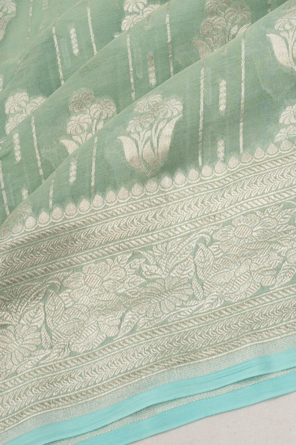 Banarasi Kora Organza Tissue Vertical Lines And Butta Pista Green Saree