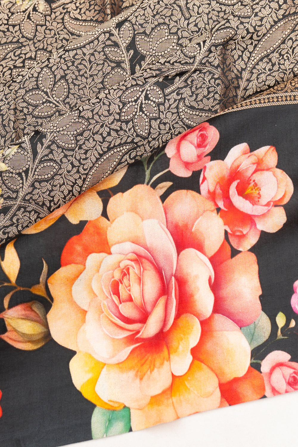 Soft Silk Floral Printed And Brocade Black Saree