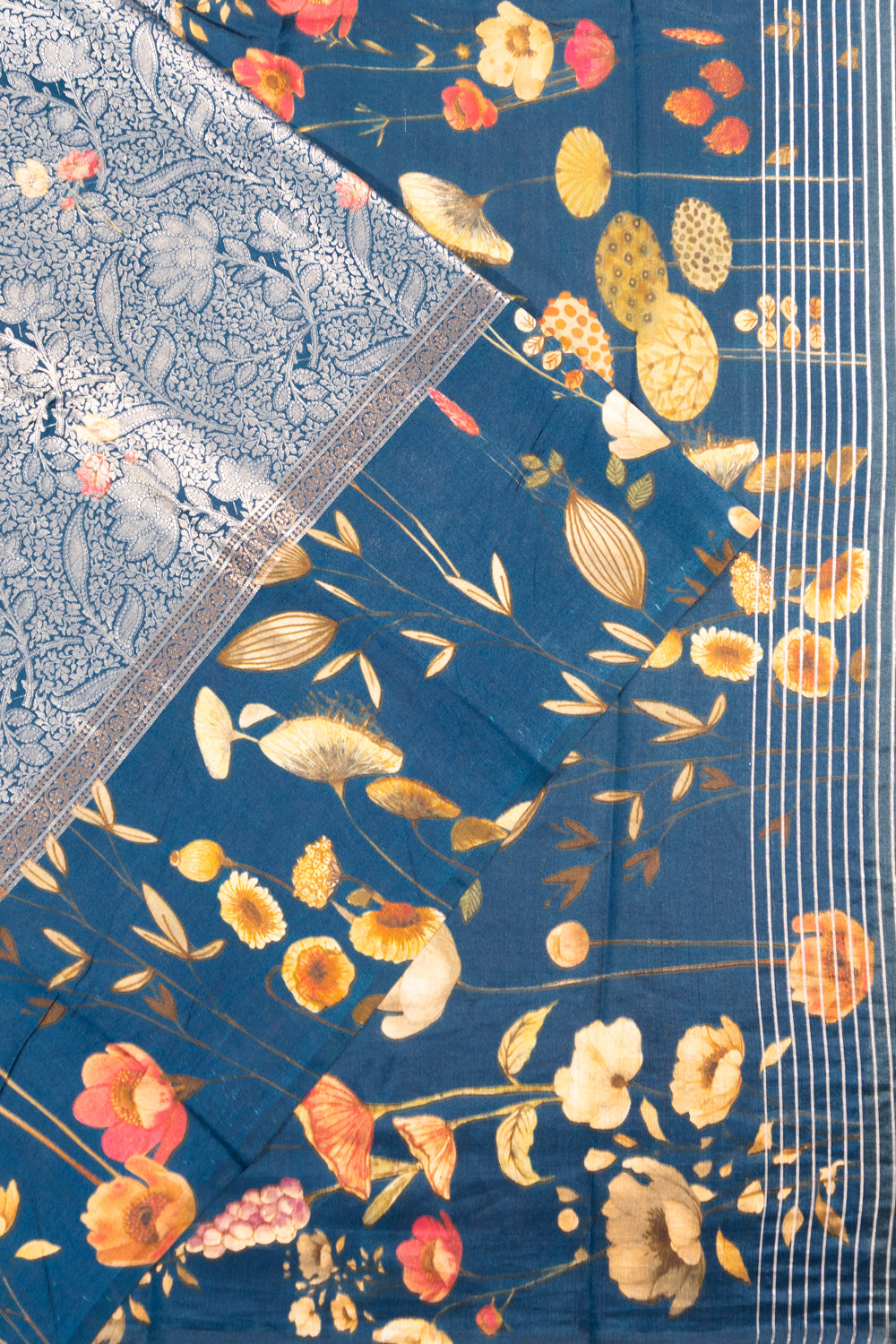 Soft Silk Floral Printed And Brocade Dark Blue Saree