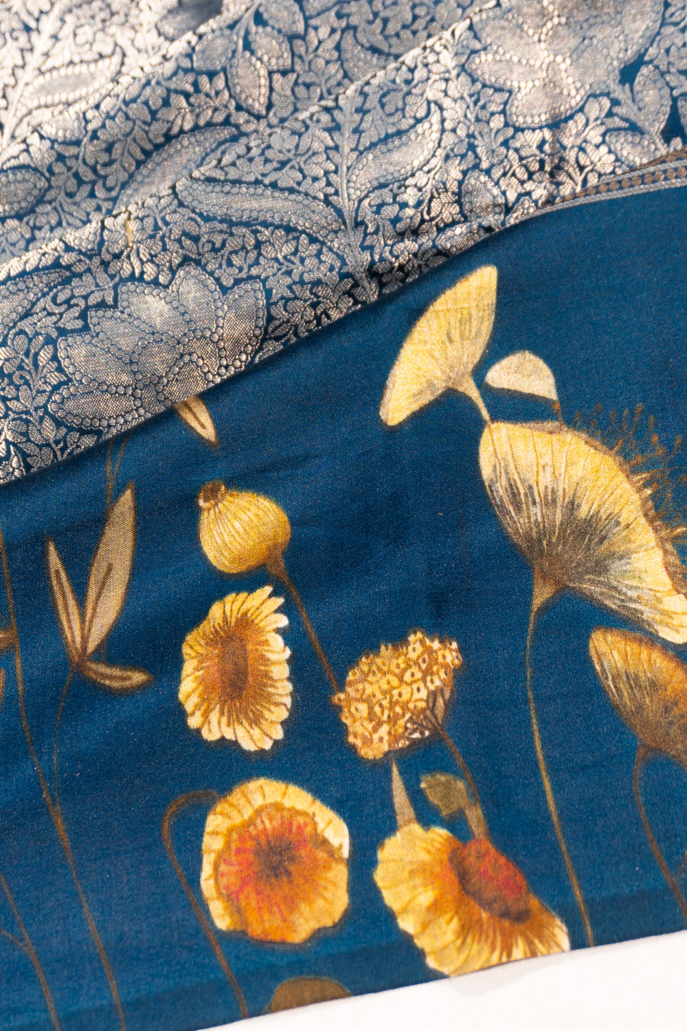 Soft Silk Floral Printed And Brocade Dark Blue Saree