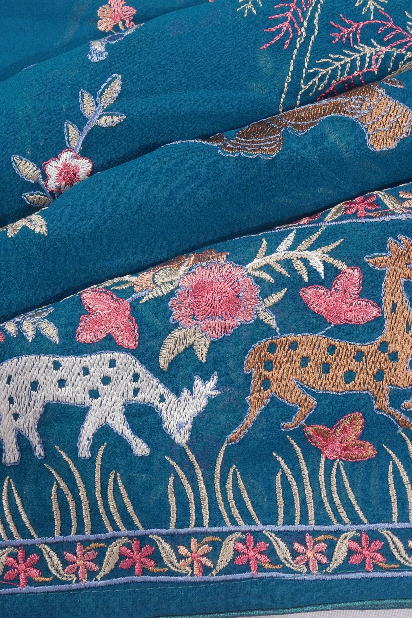 Georgette Embroidery Teal Blue Saree
