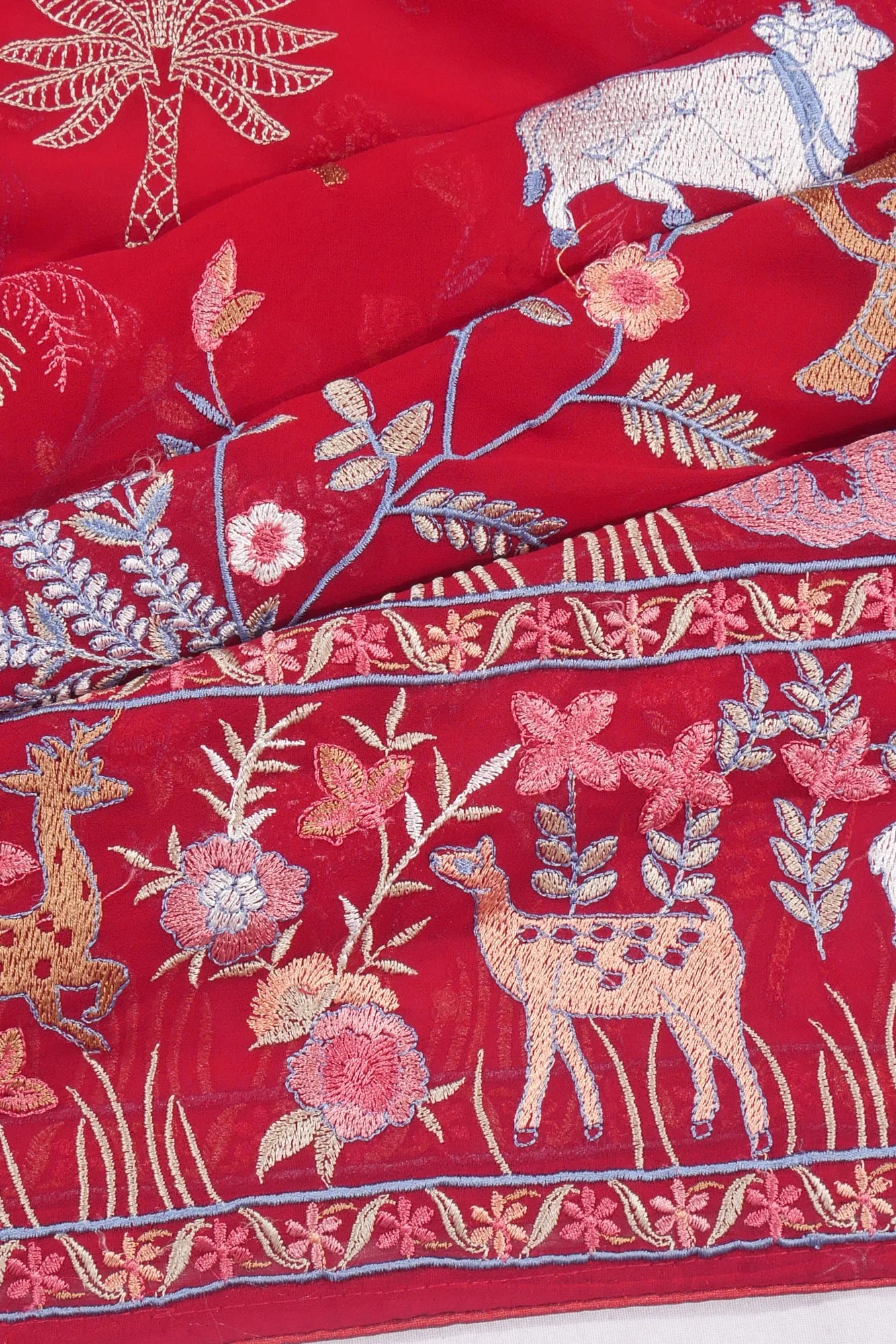Georgette Embroidery Red Saree