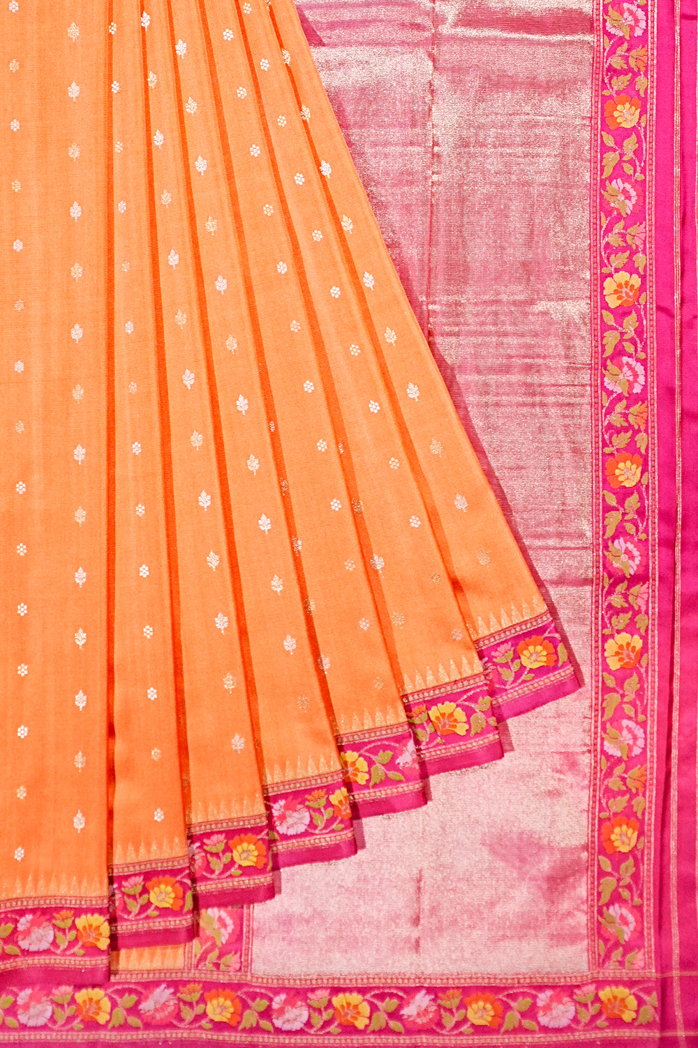 Banarasi Silk Butta Orange Saree With Jamdani Border